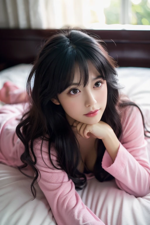 highest quality ,masterpiece,Ultra-high resolution, so beautiful, cute, (Photorealistic:1.4), 1 Girl, Japanese, Black Hair、Long Curly Hair、Cinematic, 35mm lens, f/ 1. 8, Accent lighting, 8K, Ample breasts, V-neck, Pink pajamas, Bedroom、Dark Room、Lying down