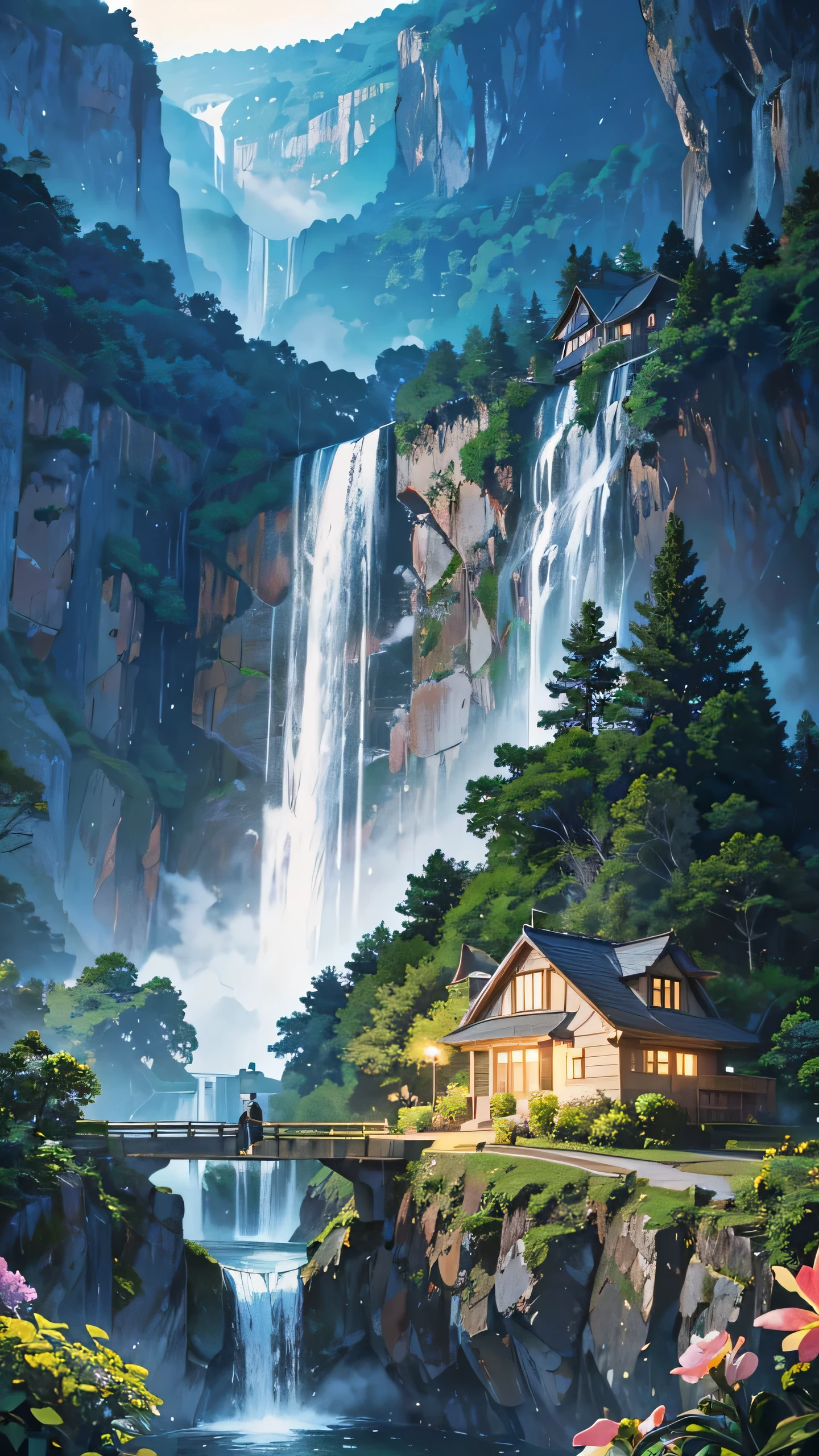 daytime atmosphere, house on the edge of a high waterfall, the house lights are on, surrounded by beautiful flowers, there is a path in front of the house, in front of the house there is a teenager looking at the waterfall, make it 4k resolution and very realistic