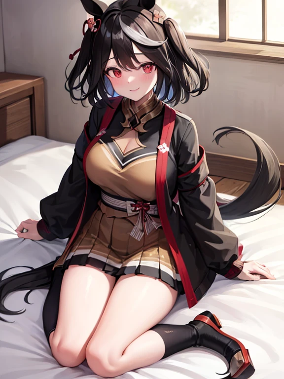 {kitasan black,umamusume,Red eyes, horse ears, horse girl, horse tail, black hair, short hair, messy hair, wavy hair, smile}, full body, {legs}, {spread legs}, neat figure, 10 years old, extremely beautiful detailed anime face and eyes, {light blush}, {large breasts}, on bed,showing panties,pussy line,Sitting with legs spread in an M shape