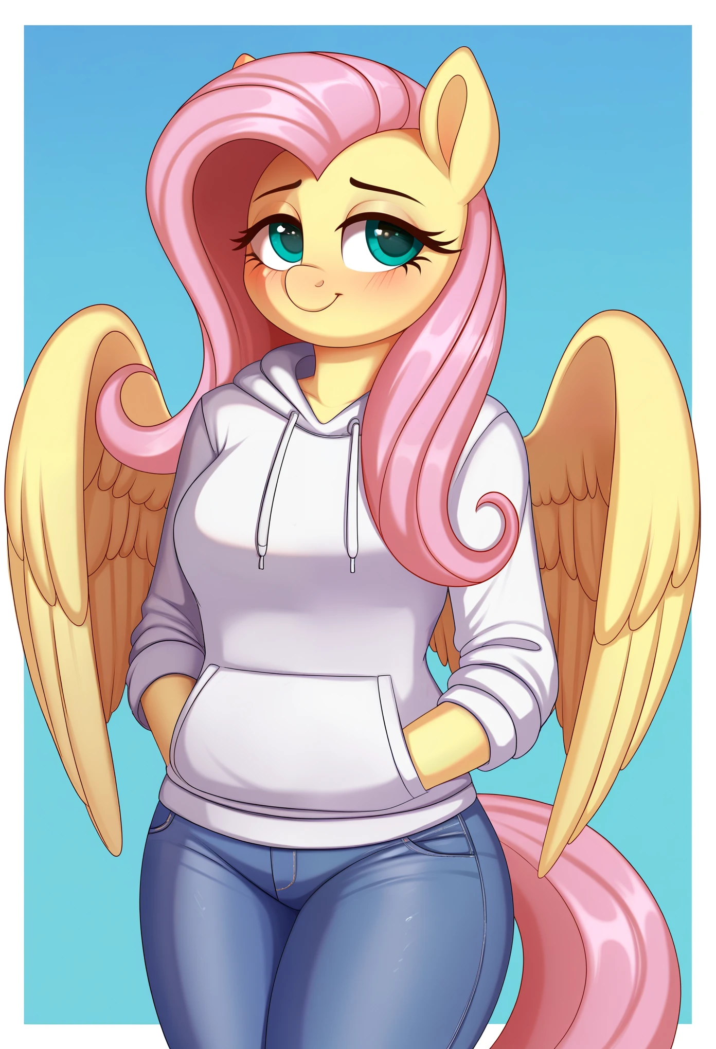 score_9, score_8_up, score_7_up BREAK fluttershy, pegasus, anthro, g4, blushing, border, fluttershy, clothes, denim, female, gradient background, hand in pocket, hoodie, jeans, lidded eyes, mare, pants, smiling, solo, nording