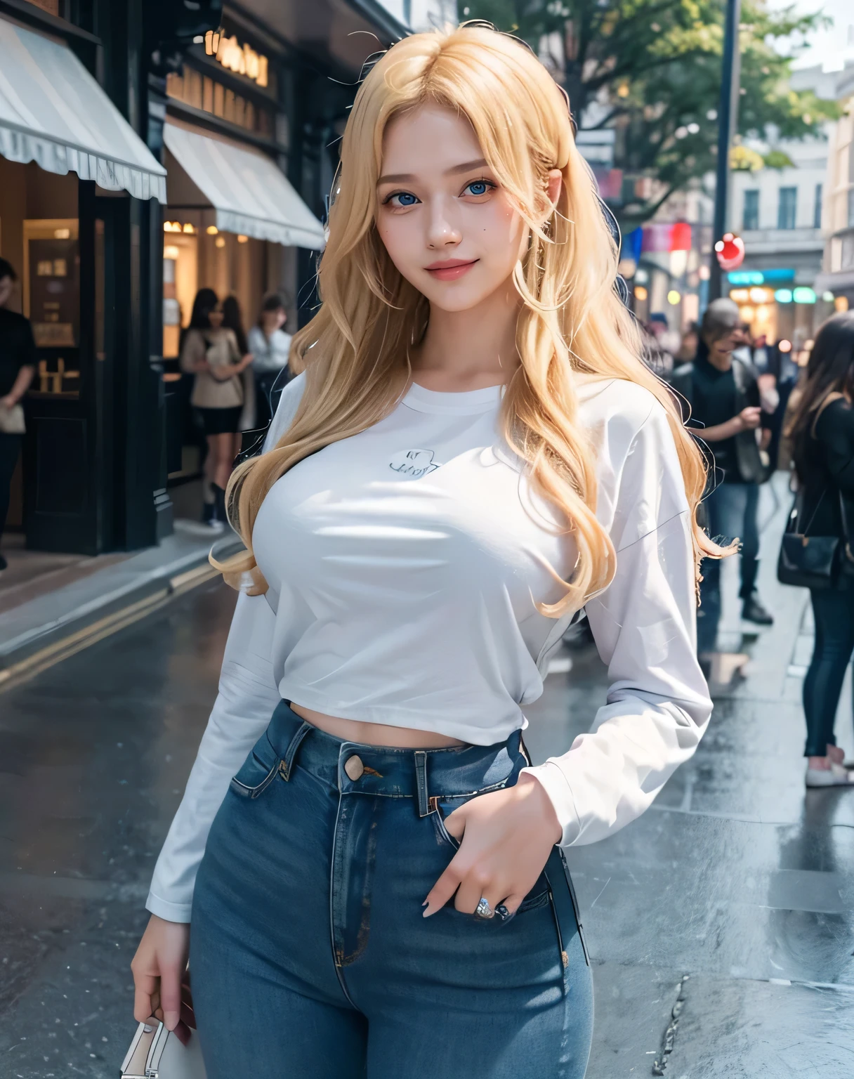 1girl, (Blue Eyes), (smiling :1.2), (Sana Minatozaki), wide hips, Big tits, big ass, (thin waist: 1.2), (thick and toned thighs), (Best Quality, 8k, Masterpiece: 1.3), Clear Focus: 1.2, Perfect Body Beauty: 1.4, strong abs, Highly detailed face and skin texture, detailed eyes, double eyelids, (blonde long wavy hair :1.2), (blacklong sleeve t-shirt attached to the body :1.1), (jeans), standing, (tight tits :1.2), standing, dynamic pose, on a pedestrian street