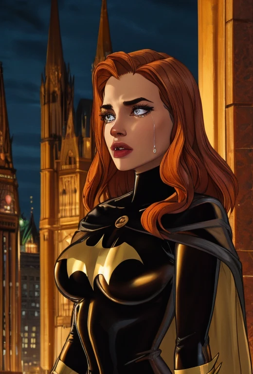 cinematic film still , night time, long wet wavy ginger hair, ((nubile toned superhero on a gothic cathedral roof top)), , skintight( black orange and gold:1.3) intricately detailed skin tight superhero bodysuit, cape, shoulder pads, ((Gotham city background)), (crystalblueeyeswith eyelashes), . shallow depth of field, vignette, highly detailed, high budget, bokeh, cinemascope, moody, epic, gorgeous, film grain, grainy, crying 