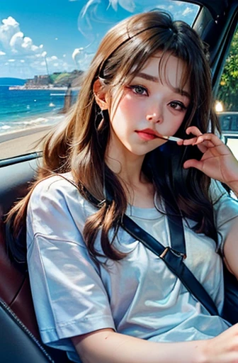 Woman driving a classic car Drive a convertible Long Hair Perm Fluffy hair Driving scene summer coastline Heavy smoker One-handed driving Cigarette in mouth Depiction of smoking Japanese Clothes with short sleeves