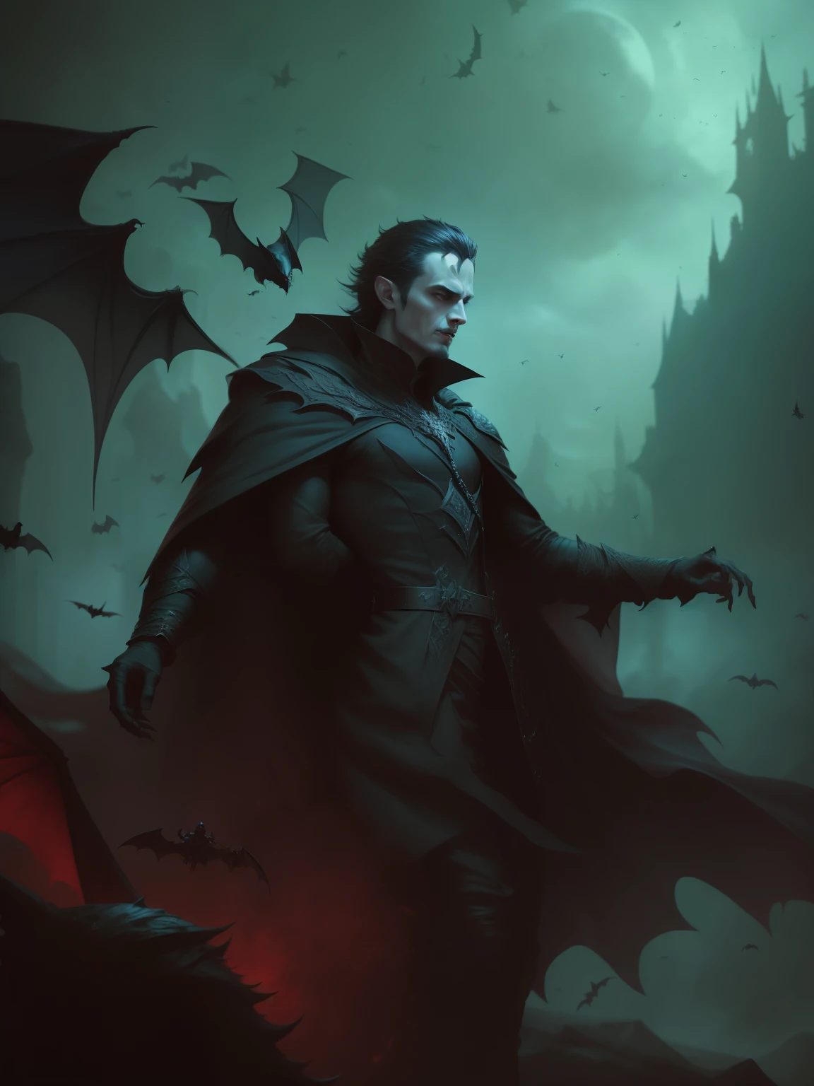 A man in a cape is surrounded by a swarm of flying bats, Dark fantasy concept art, vampire lord, Dark fantasy art, Male vampire of clan banu haqim, Dark Fantasy Artwork, Dark Fantasy Art, Vampire of the Shadow Clan, Male vampire, dark fantasy character design, Gothic fantasy art, vampires fantasy, An ominous fantasy illustration