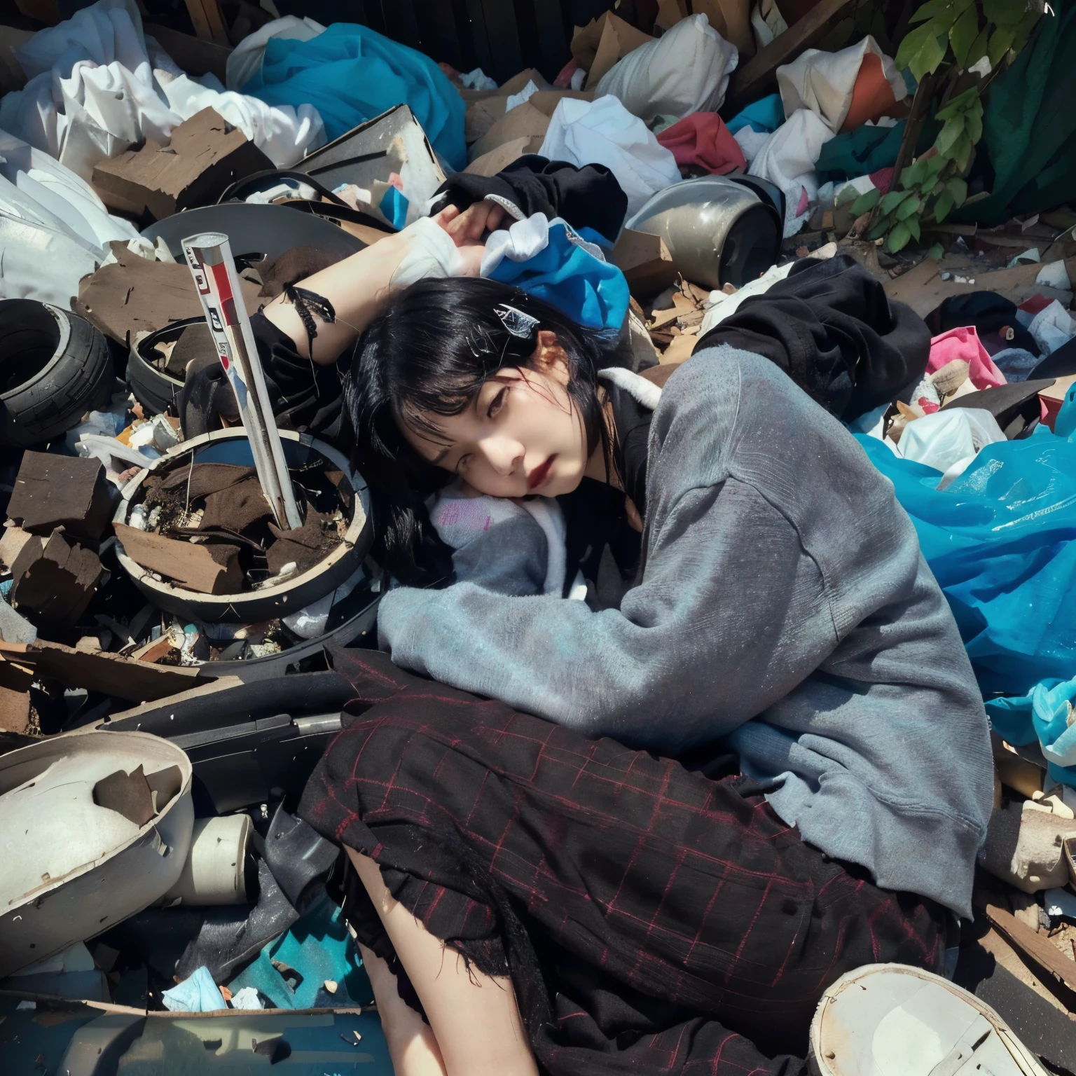 He was lying on a pile of rubbish with his head in his hands.、Sleeping woman in her fifties with black bob hair, Wearing a dirty black hoodie,Wearing ripped training pants,Litter, Garbage is scattered everywhere, Scattered belongings, By Fei Danshu, Tired movie stills, Garbage scattered everywhere, Kim Hyun-joo, Ground junk, Full of trash, Nostalgic and melancholic artwork, Photo by Alexei Grilev,kpop