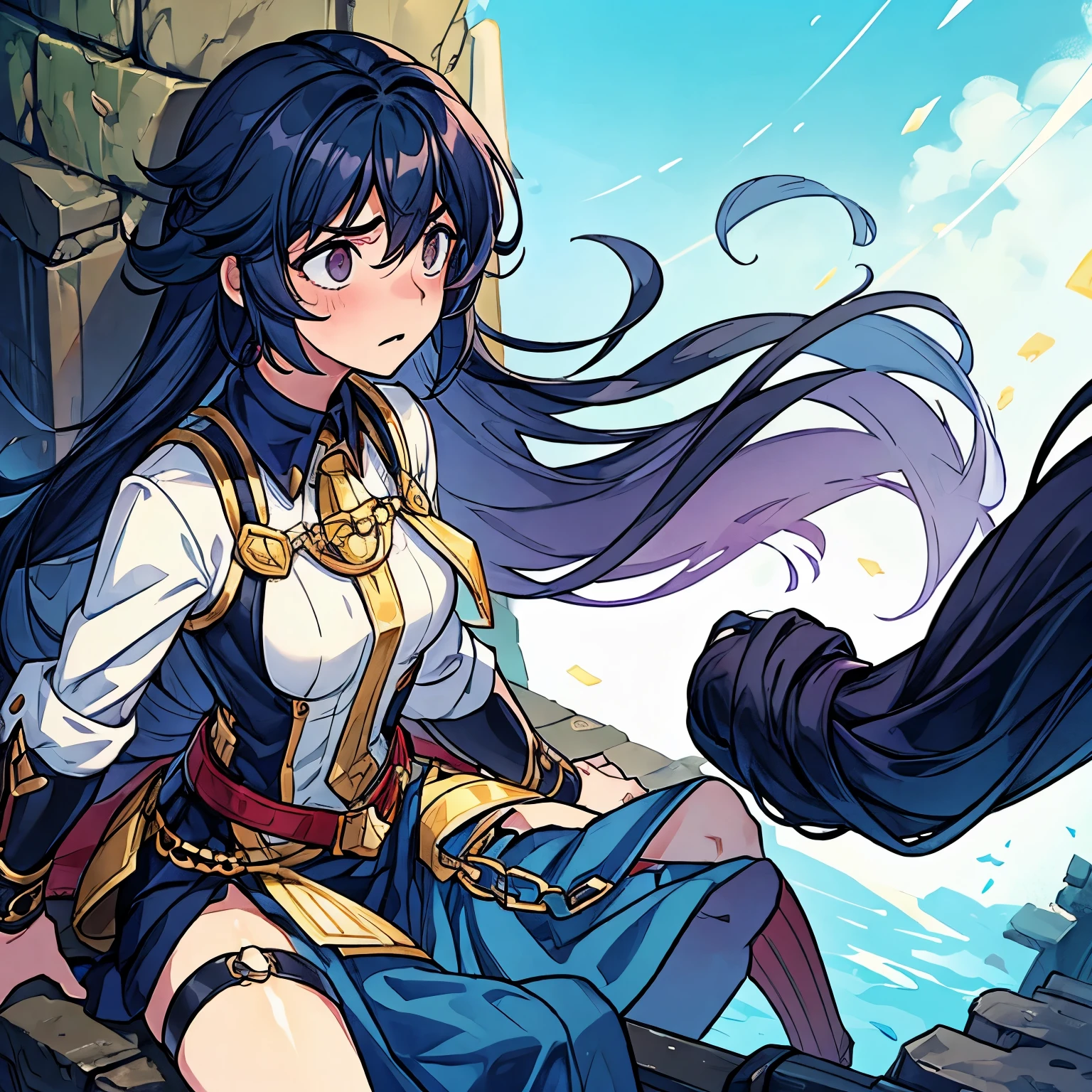 A boy, scared look as he is realizing he is turning into a girl, hair growing longer, clothing becoming more girl like, growing breasts
