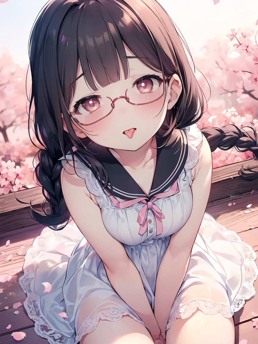 Very detailed, highest quality, High resolution, Moe Anime, ((A cute elementary school girl with black hair and droopy eyes)), ((Wearing large round glasses:1.4)), (Baby Face), Cute eyes, Detailed eye depiction, Sparkle in the eyes, View your viewers, Pale skin, (Big eyes:1.4, Droopy eyes:1.4, Fatty face:1.4), smile, Focus on the face, In the park with cherry blossoms falling, Sitting, (Extreme close up of tongue), (((From above))), Open your mouth, (((Face only:1.3))), ((white lace sleeveless dress)), Bright Eyes, Light from the front, (Put your hands between your legs:1.4), large and long tongue, Cleavage, Braided Hair, Pink ribbon