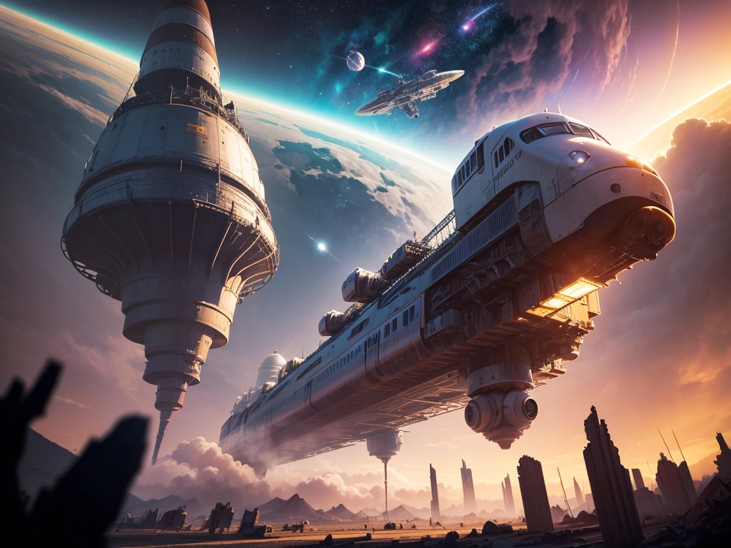 A spaceship like a train flies over a planet, with a train in the foreground, a big train in space, a Dyson ball in space, a sci-fi space game art, a sci-fi spaceship in battle, an epic spaceship scene, an unmanned sky spaceship, a spaceship flying in the distance, a spaceship in a nebula, a spaceship in the background, a spaceship in ruins, a spaceship in space 、Train in space、steam locomotive flying in space、Space Railway、Earth visible in the distance、A space station visible nearby