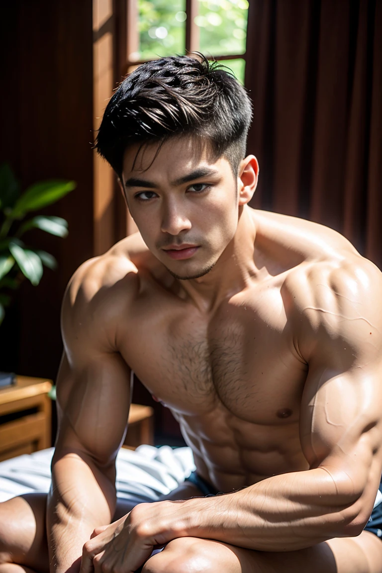 masterpiece, best quality, high quality, Extremely detailed CG Unity 8K wallpaper, Depth of Field, HDR,,Realistic Portraits,Very detailed, 1 man, Asia, Black short hair (Wearing a stylish ultra-thin tight thong),Convex,Large lumps, Chest muscles,Chest muscles肿胀, Upper arm muscles, Blood vessel, Big muscles, Broad shoulders, Sitting on the bed looking at the audience, balance eyes, (eye contact)