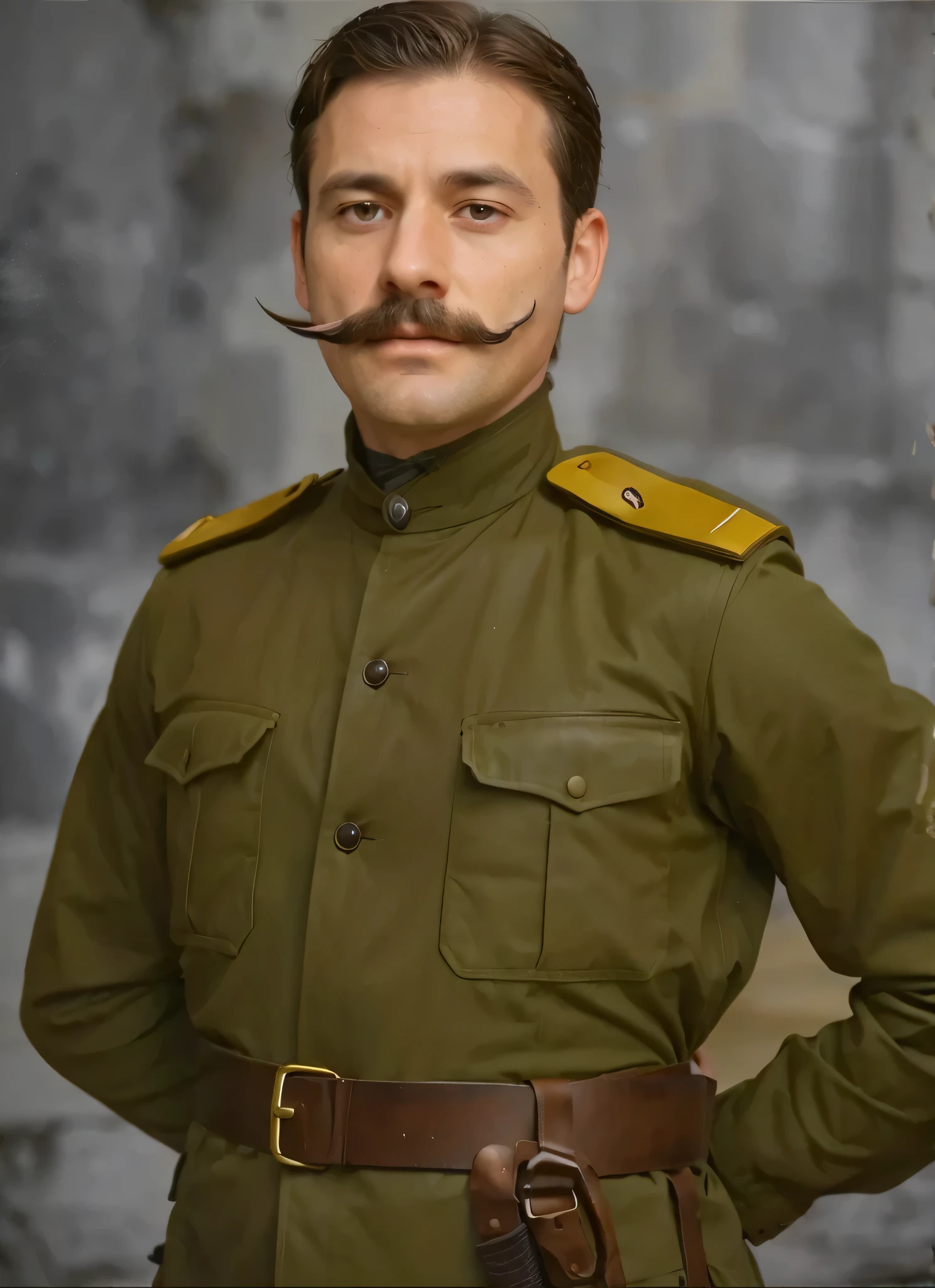 A man with a slightly Asian but beautiful face and a large and beautiful beard and mustache is the leader of an army with a military uniform and good style. He is smoking his cigar and staring at the horizon and the moonlight is shining on him.