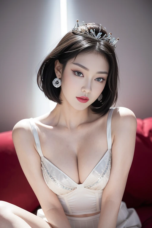 (Accurate description), Ichiro Tsuruta, narrow eyes, 1 girl, all back、deadpan、short hair、short hair、eyebrows、reluctance、black hair、short hair Solo, cowgirl, one piece, (()), thin slit eyes、black Eyes, light shines in the eyes、black hair, gloves, dress, luxurious jewelry, earrings, piercing eyes, random inconspicuous and very transparent subtle white mesh corset, random short, thin and very transparent subtle white mesh skirt, exposed thighs, Deep lying posture in random places, beauty with high , big eyes, bright makeup, red lipstick, dark fantasy, long black hair, beauty marks, bright eyes, queen, dark background, bokeh, collarbone, navel, inflated very large glamor , protruding glamor, inflated glamor, (masterpiece, highest quality), illustration, 8k highly detailed realistic, sharp focus, highly detailed ham, professional lighting, gorgeous details, intricate details, attractive girl, various bold AV model poses in changing postures , forward gaze, , solo, very lifted , glowing skin, (detailed face), jewelry, large and beautiful necklace, beautiful bracelet, hair blowing in the wind, crown, intricate petal pattern, rim light, backlight, pastel colors. , studio lighting, sharp focus photos, (never a bad finger or body) )