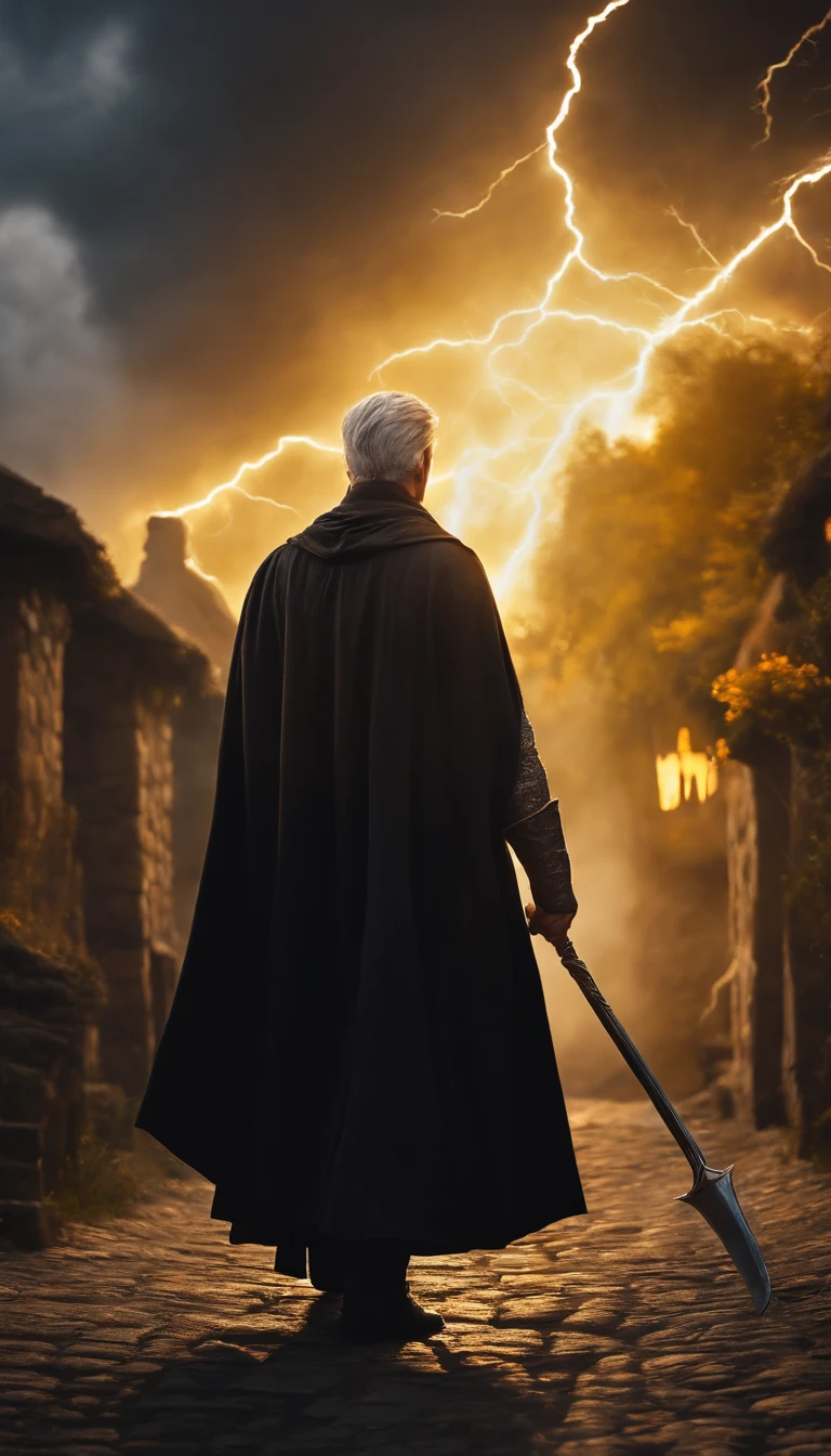 8k, a young male wizard with black cloth and grey short hair from flying above medieval village from behind with Intense yellow lightning from his hand, Chopping from all sides,Gather together