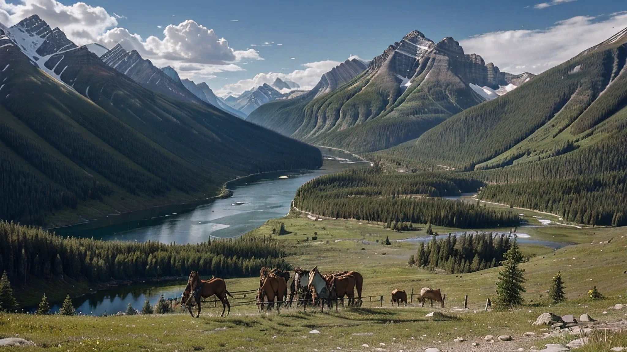 An artistic representation showing indigenous people, like the Blackfeet, Salish, and Kootenai tribes, living harmoniously with nature in the region that would later become Glacier National Park.
