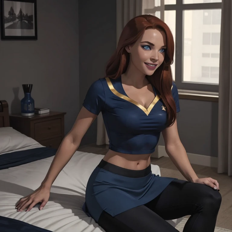 masterpiece, full body, a beautiful 25 year old woman, long red hair, sparkling blue eyes, kissable lips, sweet smile, heavy dark eye makeup, friendly and inviting, fit bombshell body,cheerleader uniform, skirt, leggings, enterprise, sitting in sick bay, Skirt
