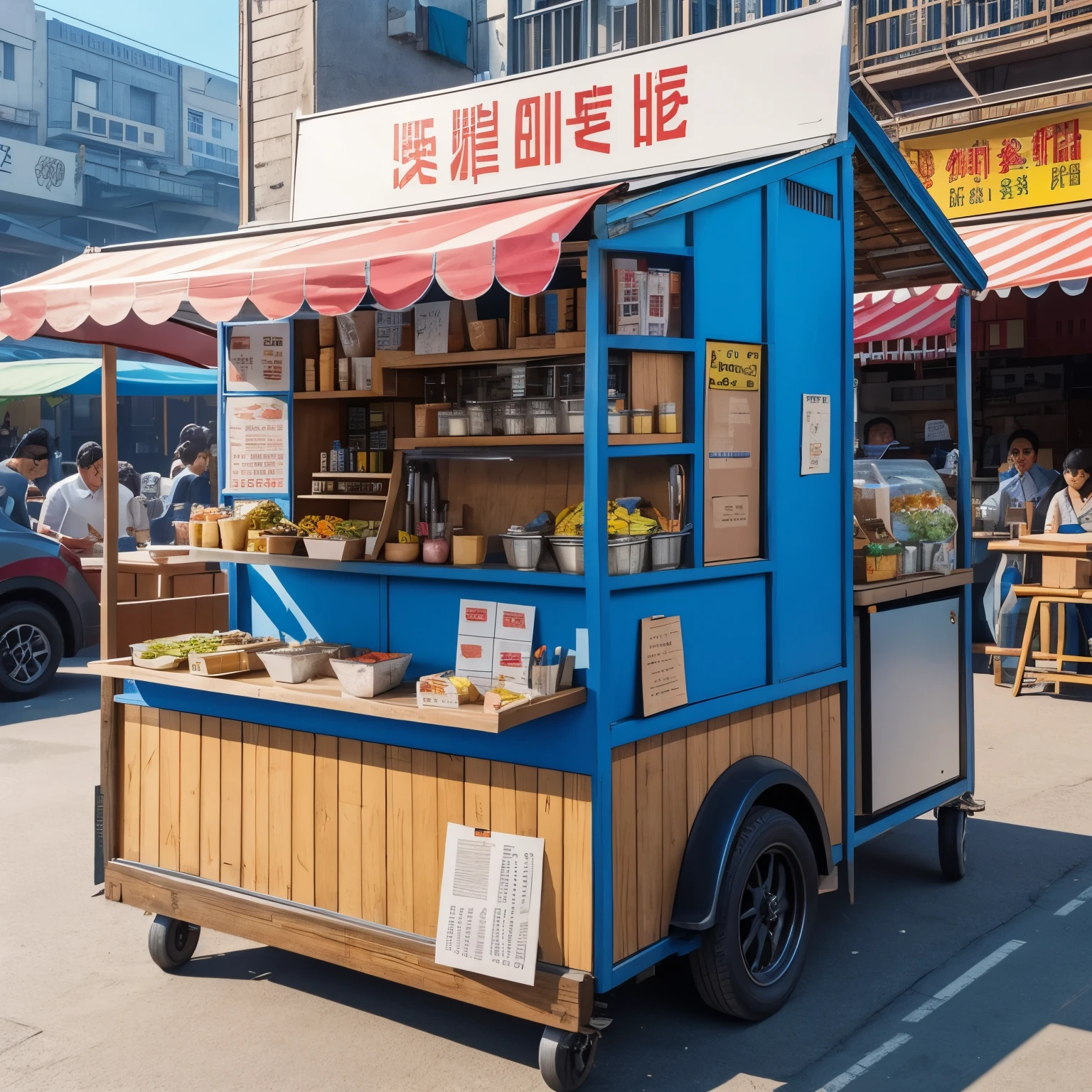 Create a mini rolling street food stall with specific and detailed blueprint paper in English language 