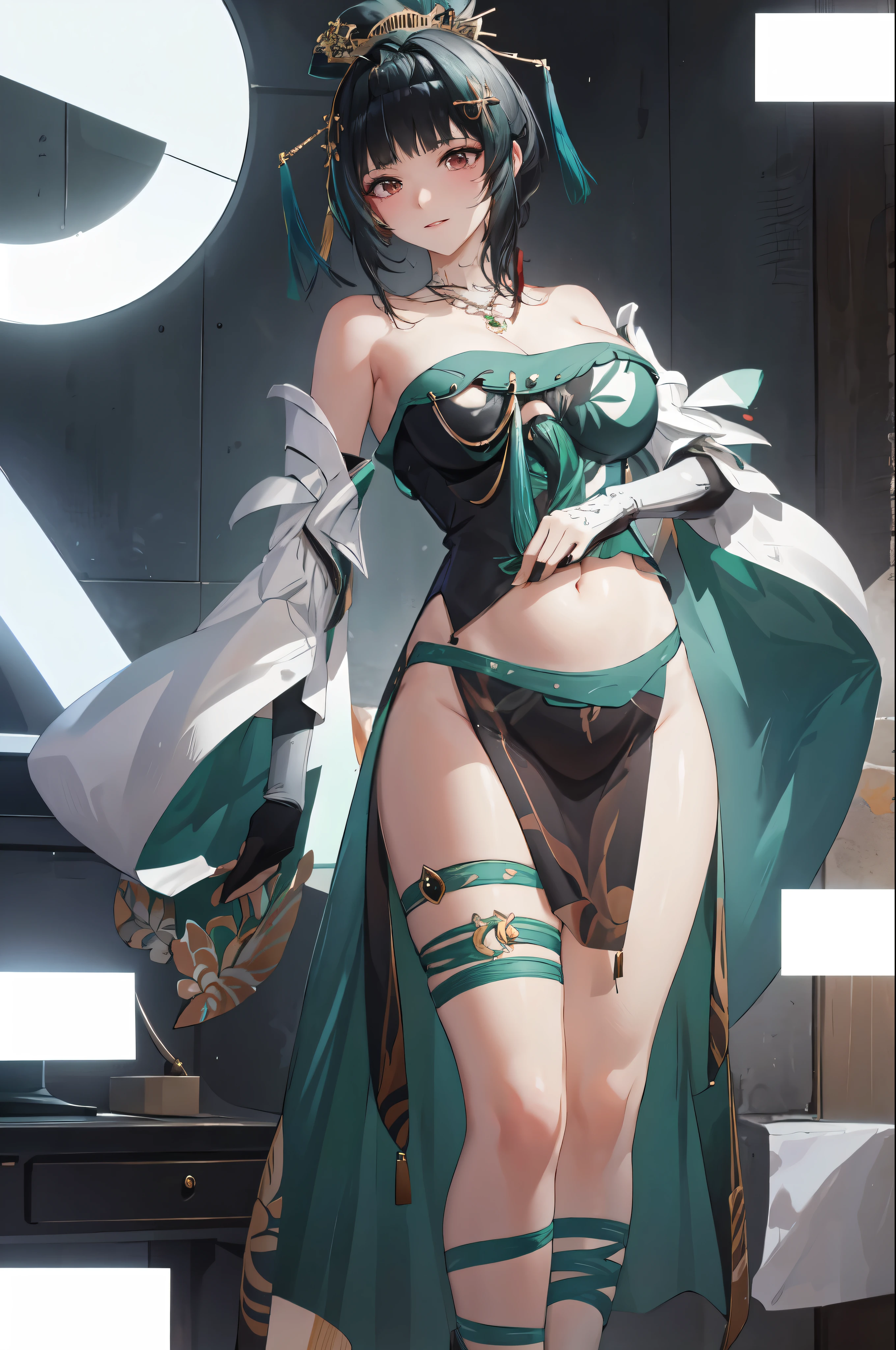 masterpiece, best quality BREAK solo, china dress, highres, 1girl, standing, (large breasts), mature female, hanying, Full body drawing, (masterpiece), (best quality), (hyperdetail), (illustration), ((extremely delicate and beautiful)), (detailed light), (prefect's body), full body drawing, Hanying, HanYing, sexy, sexy belly, sexy belly line, sexy belly button