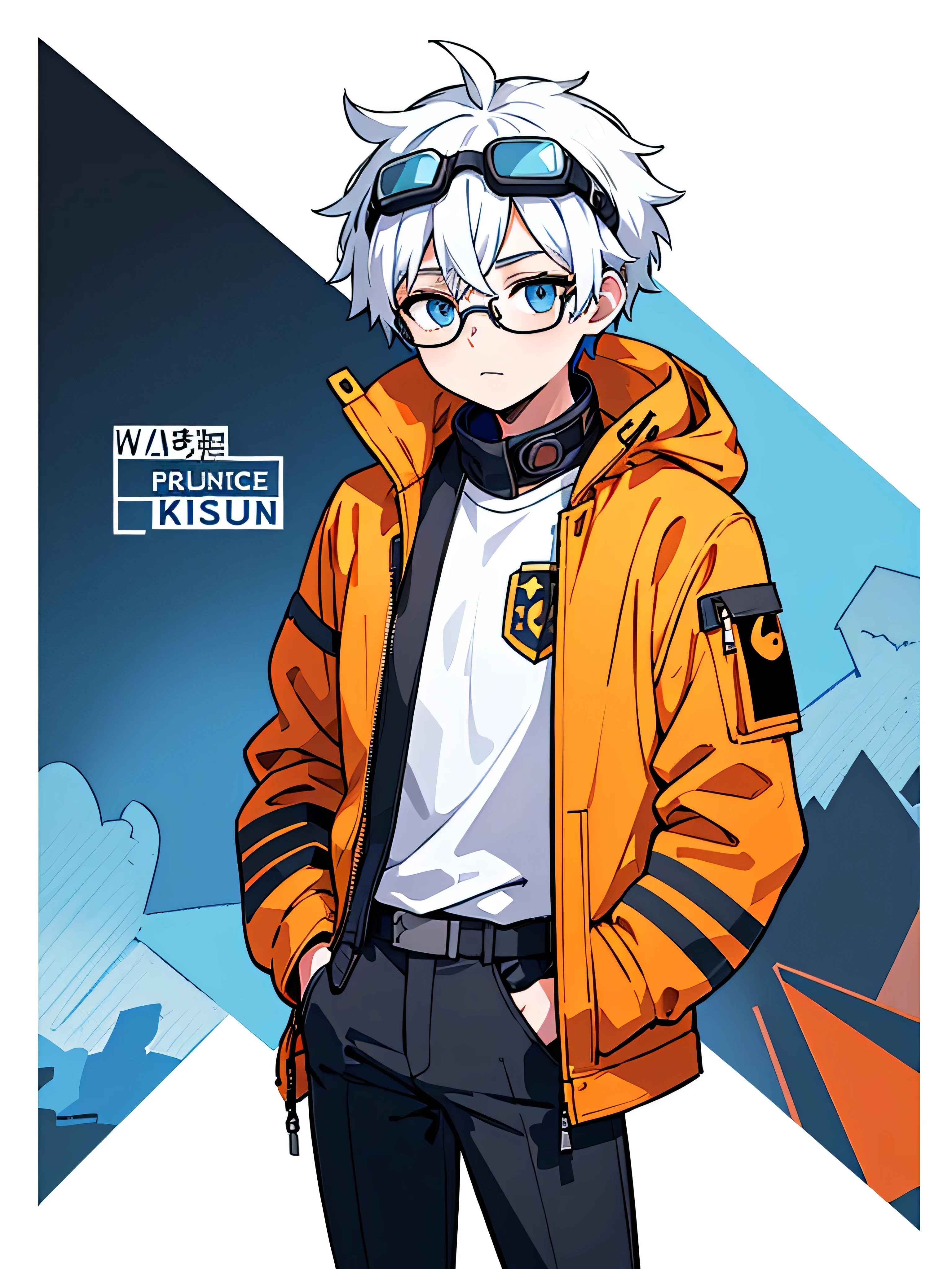 1boy, solo, blue eyes, (detailed eyes), white hair, hair between eyes, (goggles glasses in his head), (waterproof jacket), large jacket, (orange jacket), black shirt, pants, gray pants, standing, (hands in pockets), (((Closed jacket))), upper body, (white background), Transparent background, looking at viewe, ((masterpiece, illustration, best quality))