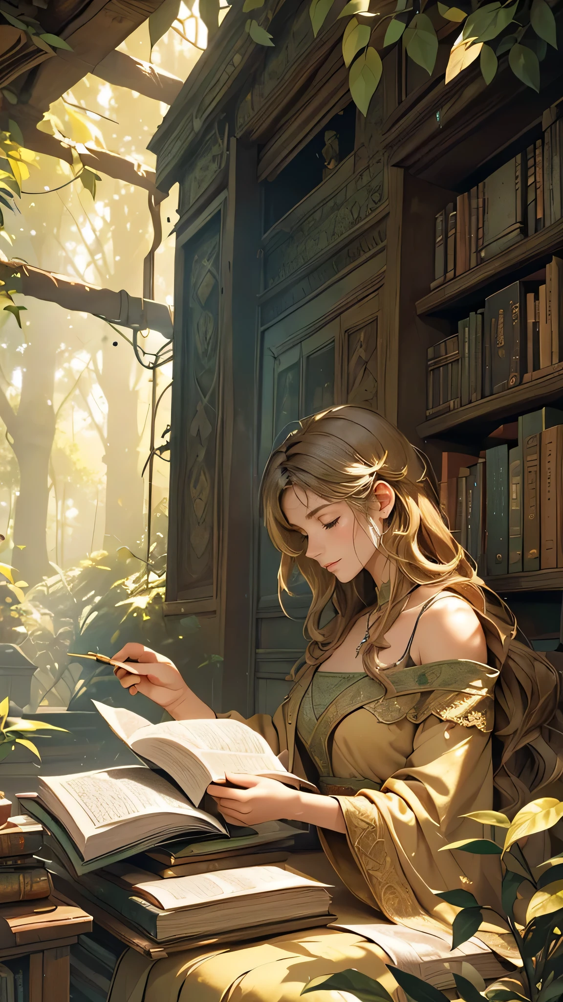 (a large massive:1.2) ancient, (mystical, enchanted) outdoor library (with a touch of mystery), (surrounded by dense, lush) forests and (thick, towering) trees. The library space is (filled, stacked, piled) with (countless, numerous) ancient books and (weathered, aged) manuscripts. The atmosphere is (magical:1.1), as beams of (soft, ethereal) sunlight (filter:0.9) through the (overgrown, intertwined) branches, casting (intricate, intricate) patterns of light and shadow. Vines and (moss-covered, mossy) foliage (cling,Grows) to the walls and (drape,Hangs) from the ceiling, giving the library a (rustic, ancient) and (cozy:1.1) ambiance. Rays of (golden, warm) light (illuminate:1.1) the (musty, dusty) air, revealing (small, delicate) particles floating in the atmosphere. The scene is (still, serene:1.1) and (peaceful:1.1), with (no sound, only silence) except for the occasional whisper of wind and the rustling of (aged, yellowed) pages as they turn. The color palette is (rich, deep), combining (earthy, natural) tones with (subtle, muted) hues, such as (warm earthy browns, soft mossy greens) and hints of (golden ochre, dusty blue). The library exudes an (enigmatic, mystical) aura, evoking a sense of (wonder, intrigue) and (endless, timeless) knowledge waiting to be explored.