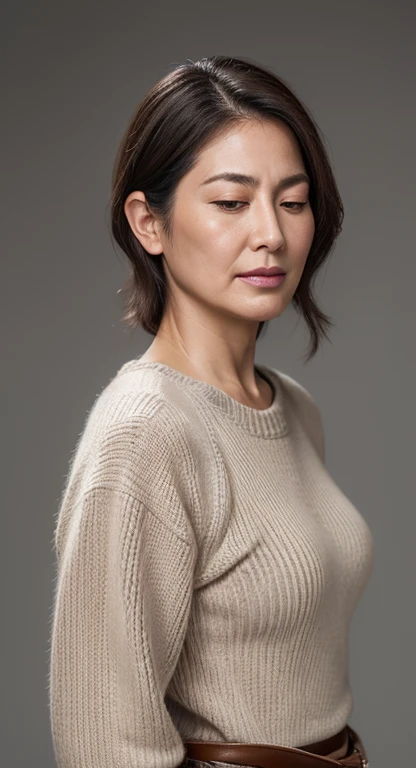 Rainy day, Capturing the moment you left, Emotional and beautiful scenery, High resolution highest resolution, High level image quality, high detail, masterpiece, textured skin, anatomically correct, sharp, gray background, ((japanese mature, 55 years old)), solo, ((wrinkles appear on the face)), big bust, nice body, Light brown straight hair that reaches shoulder length, chubby body type, Closed eyes and sad face, (((upright, facing the center of the screen.))), Close your mouth and look straight ahead with a serious face., sweater, skirt side, ((cowboy shot)),