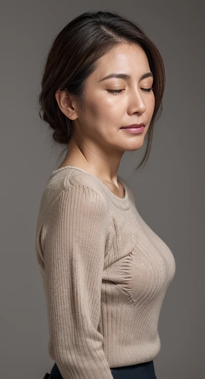 Rainy day, Capturing the moment you left, Emotional and beautiful scenery, High resolution highest resolution, High level image quality, high detail, masterpiece, textured skin, anatomically correct, sharp, gray background, ((japanese mature, 55 years old)), solo, ((wrinkles appear on the face)), big bust, nice body, Light brown straight hair that reaches shoulder length, chubby body type, Closed eyes and sad face, (((upright, facing the center of the screen.))), Close your mouth and look straight ahead with a serious face., sweater, skirt side, ((cowboy shot)),