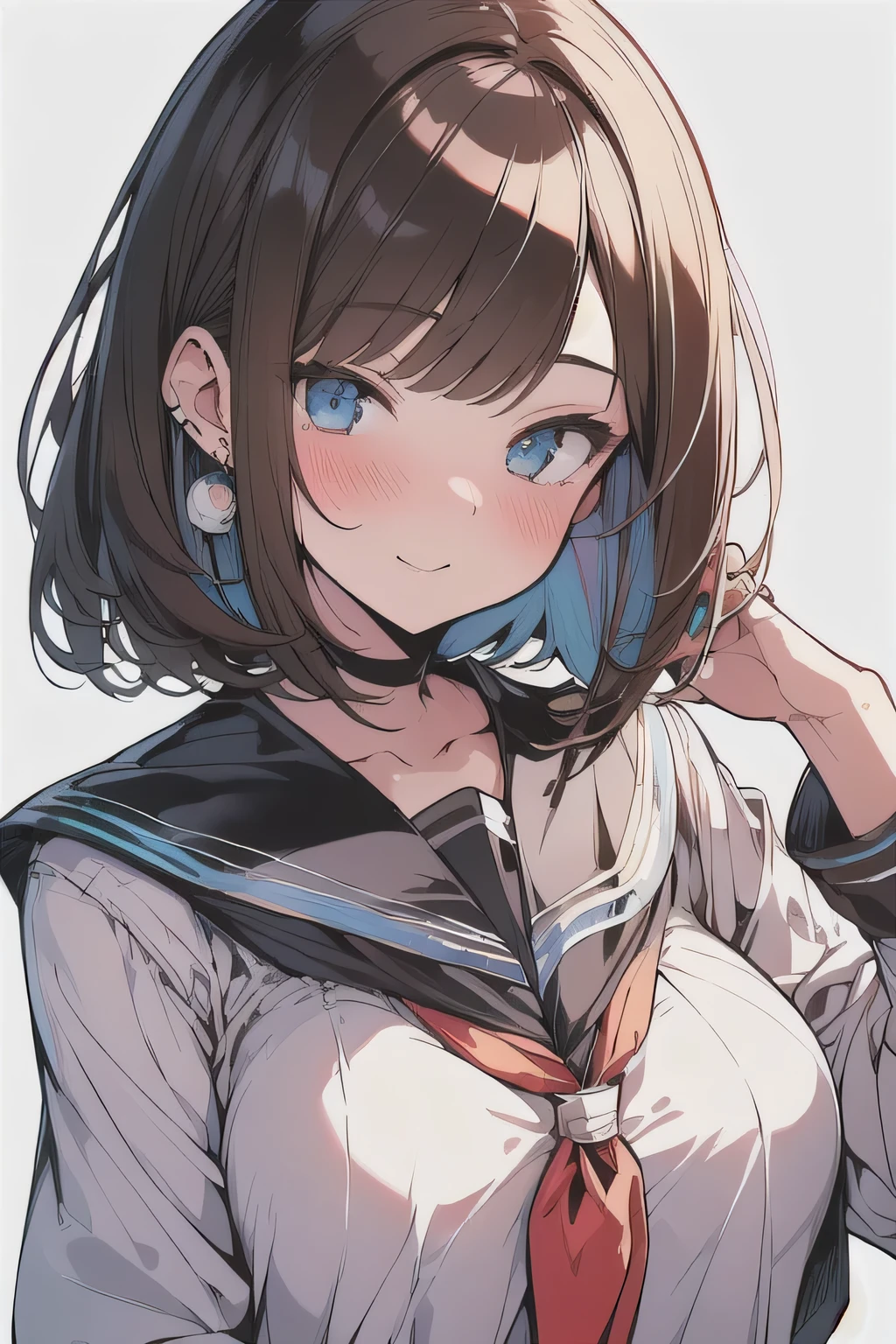 (best quality), (Super detailed), (Best Illustration), (masterpiece), (woman), hand in own hair, {(white serafuku:1.2)}, (large breasts:1.2), {brown hair, (sideburns), (bob cut:1.3), curly hair, hairs between eyes, colored inner hair}, {(detailed eyes), blue eyes}, seductive smile, blush, earring, wind, white background