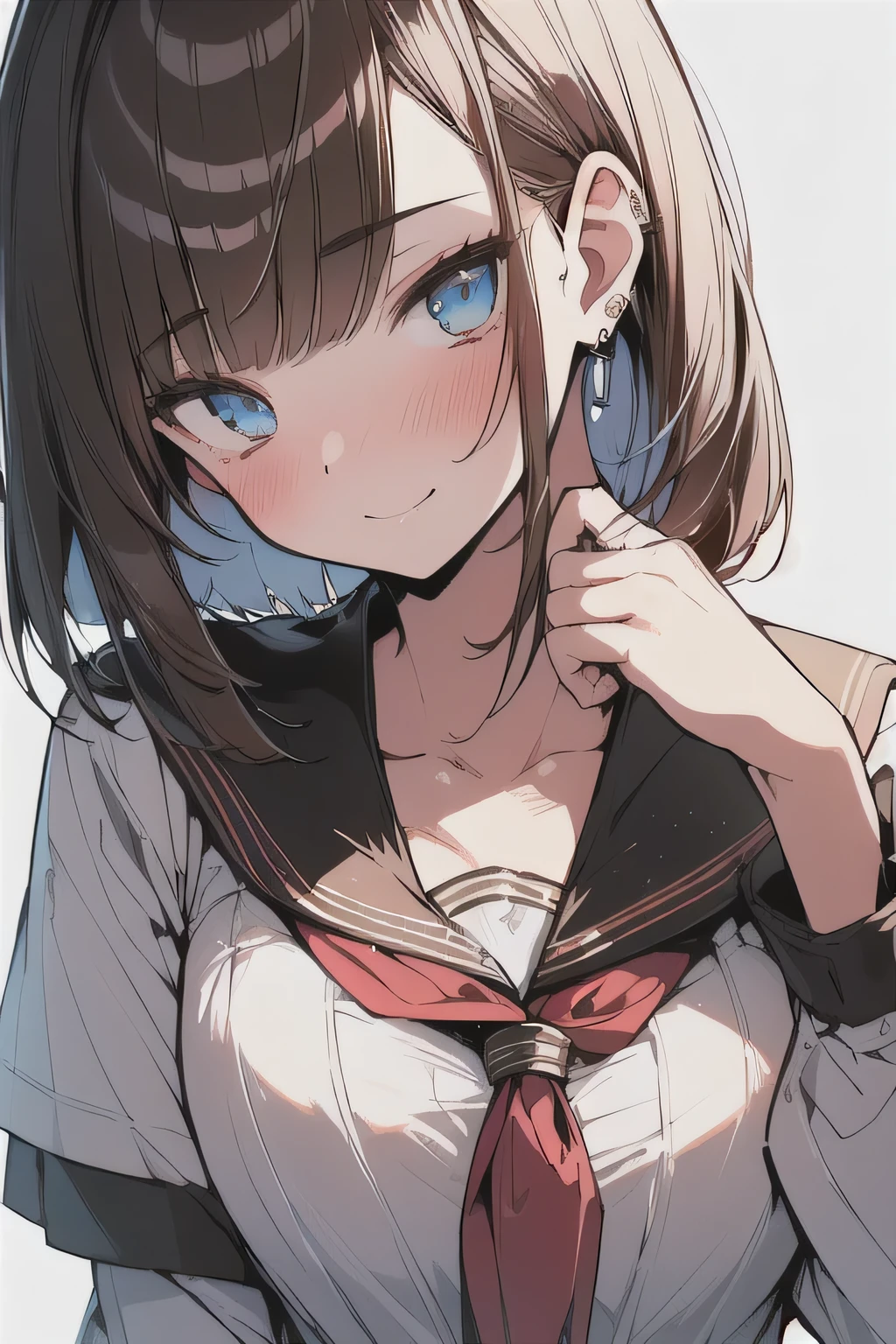 (best quality), (Super detailed), (Best Illustration), (masterpiece), (woman), hand in own hair, {(white serafuku:1.2)}, (large breasts:1.2), {brown hair, (sideburns), (bob cut:1.3), curly hair, hairs between eyes, colored inner hair}, {(detailed eyes), blue eyes}, seductive smile, blush, earring, wind, white background