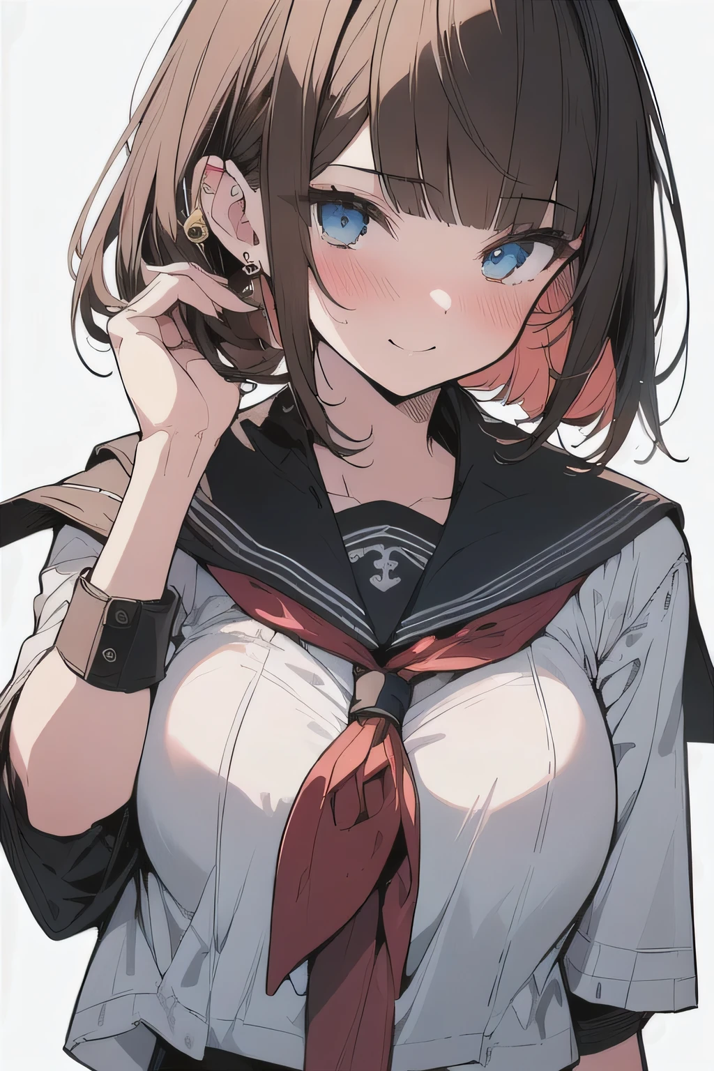 (best quality), (Super detailed), (Best Illustration), (masterpiece), (woman), hand in own hair, {(white serafuku:1.2)}, (large breasts:1.2), {brown hair, (sideburns), (bob cut:1.3), curly hair, hairs between eyes, colored inner hair}, {(detailed eyes), blue eyes}, seductive smile, blush, earring, wind, white background