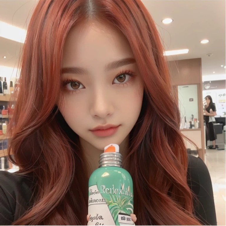 a closeup of a person holding a bottle of liquid, parque roseanne de blackpink, jossi de blackpink, Lalisa Manobal, jinyoung shin, Lalisa Manoban de Blackpink, jaeyeon nam, tzuyu de dos veces, 8k selfie photography, ulzzang, Jennie rosa negra, tinte de pelo, ella tiene el pelo largo color naranja, Con cabello rojo