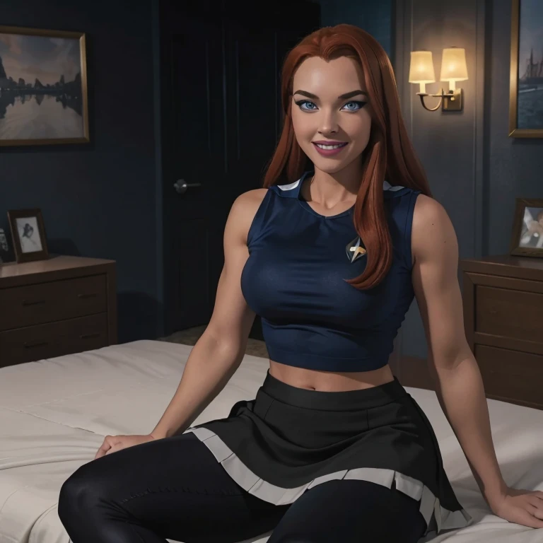 masterpiece, full body, a beautiful 25 year old woman, long red hair, sparkling blue eyes, kissable lips, sweet smile, heavy dark eye makeup, friendly and inviting, fit bombshell body,cheerleader skirt and tank, skirt, leggings, enterprise, sitting in sick bay, Skirt 