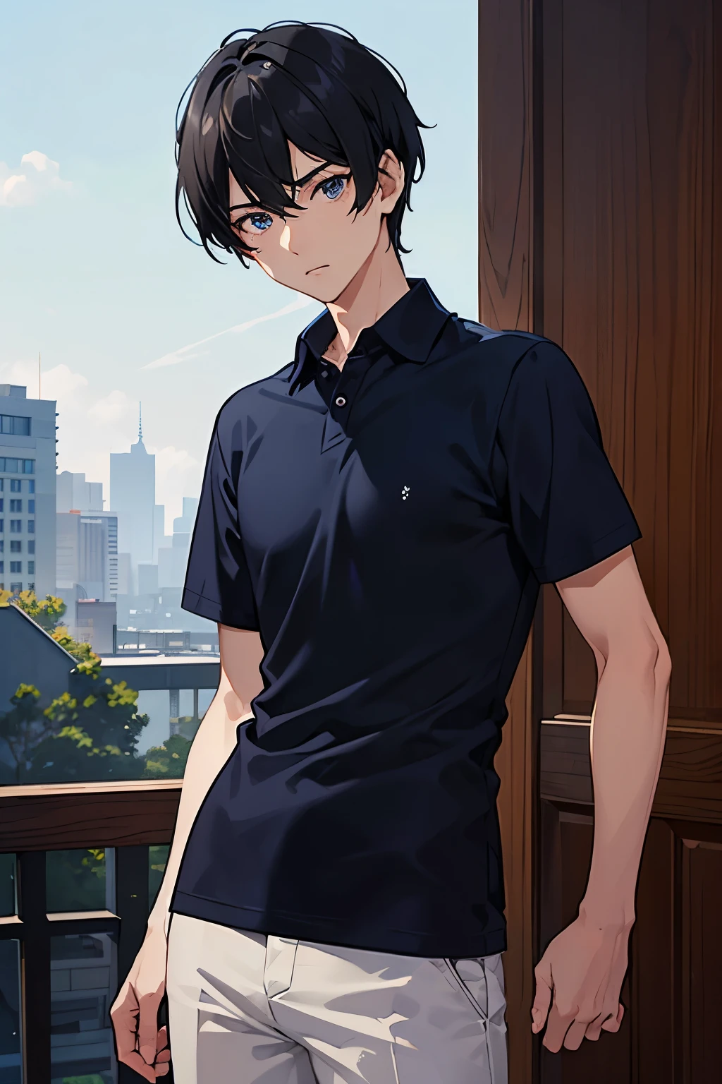 Eye height, Speechless, Well-built, One Man, Blue collared T-shirt, 30th Generation,Novel Games, Novel Games, stand facing the camera, Look straight at the camera, Short black hair, Neat hair, Grim face, Staring at the camera