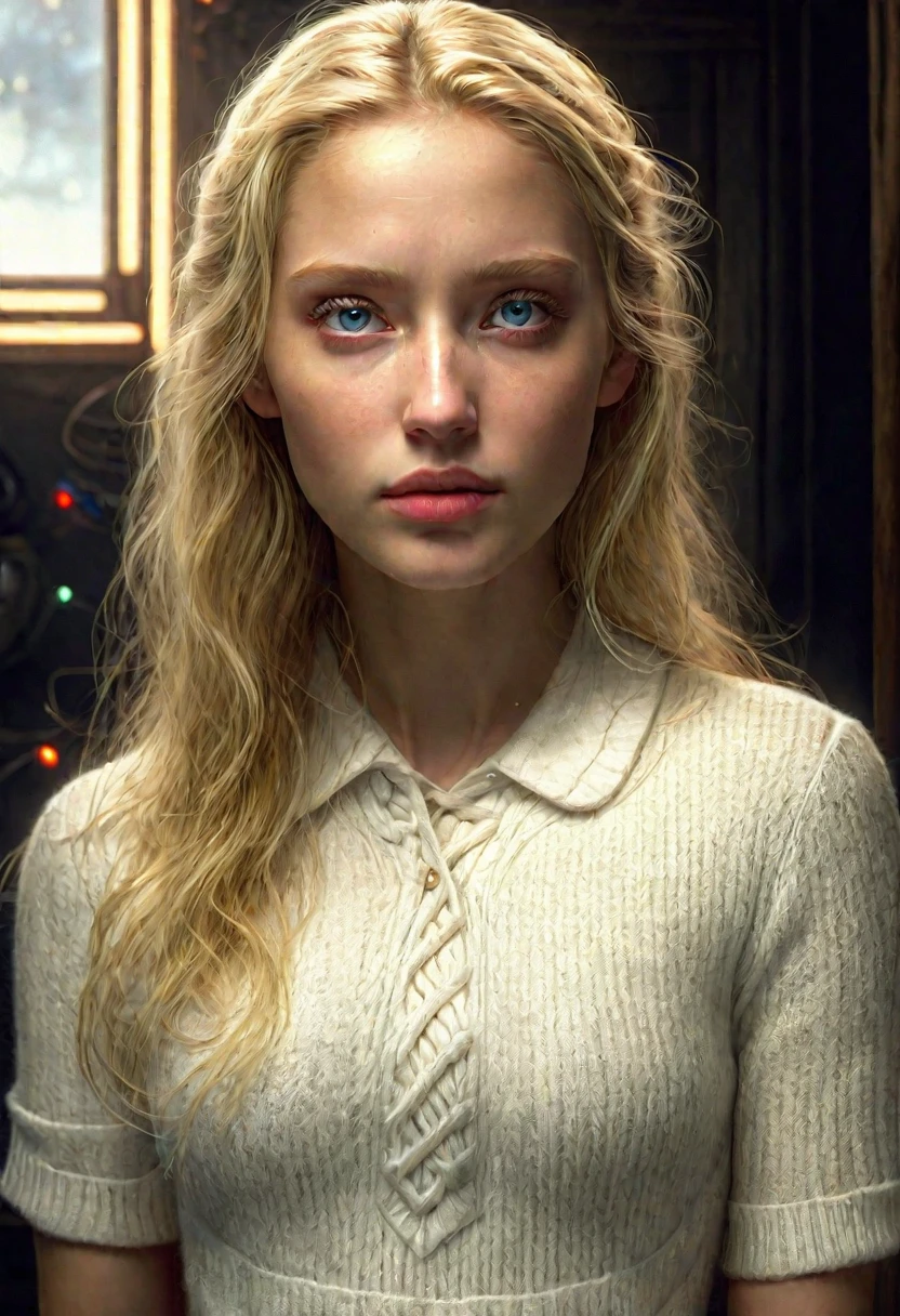 (high nose,White skin),[beautiful gray eyes],Pure white knit t-shirt,blonde perm long hair_forehead ,upper body, ( masterpiece, top quality, best quality,8K,17 year old girl,very detailed,RAW photos:1.5),(realistic:1.4),(movie lights), PerfectNwsjMajic, , surrealism, UHD, accurate, super detail, textured skin, high detail, best quality, dynamic angle, 