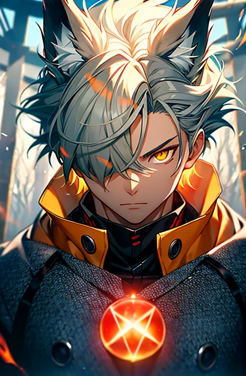 (Absurd, High resolution, Super detailed), masterpiece, highest quality, True light and shadow, alone, Pure White Wolf、silverwolf,beast,Wolf Ears, Short Hair,male, Wolf Appearance,Big eyes, Detailed face, Detailed eyes,In a suit, One glowing orange eye、Only one eye emits a huge flame.、One eye that emits a transparent red aura、A magic circle containing a magical flame is placed in his eyes., Clear, shining eyes, Not dark,green空の背景,Uplifting,, clear yellow eyes, green,beast王国の王子,Anime characters,若いgreen年、Take away,Shoot from below