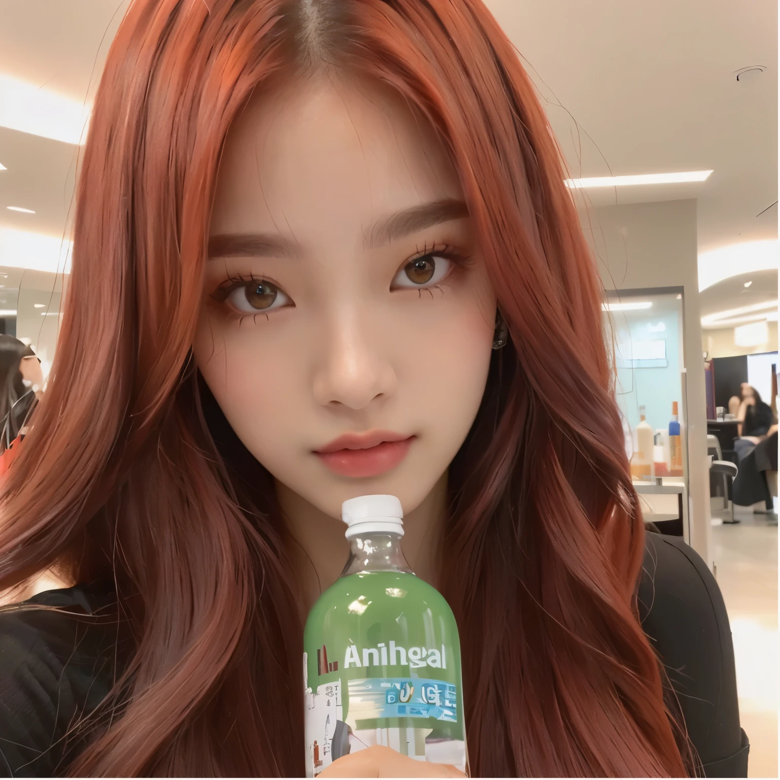 a closeup of a person holding a bottle of liquid, parque roseanne de blackpink, jossi de blackpink, Lalisa Manobal, jinyoung shin, Lalisa Manoban de Blackpink, jaeyeon nam, tzuyu de dos veces, 8k selfie photography, ulzzang, Jennie rosa negra, tinte de pelo, ella tiene el pelo largo color naranja, Con cabello rojo