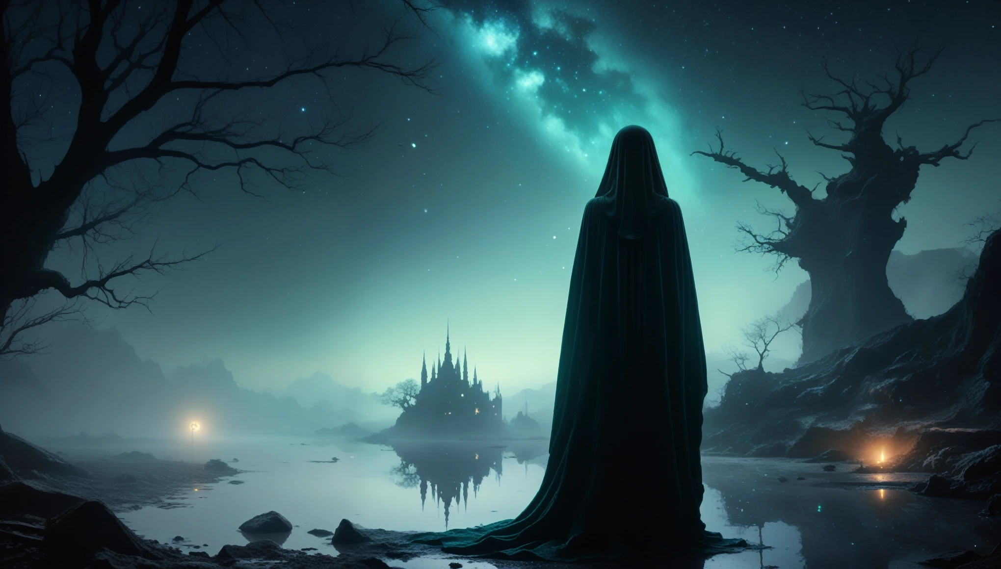pregnant,devil theme,dark horror theme,thriller,inspiration from Stephen King,dark fantasy, black and white color, ominous landscapes,large number of stars fly towards the viewer,ruined,ruined theme,lots of flying dust,puddle,full body length,Lepidolite young witch in national dress,pretty face,Fluorite chrysocolla atmosphere,Simon Stalenhag,Nicola Samori,Wangechi Mutu,prime colors,extremely detailed,masterpiece,intricate details,faded,eyes extremely detailed, high detailed eyes,8k resolution, Nikon Z9,scary town,full body length,evil ghost Iridescent,intricate details,Stone Forest in Yunnan Province of China,dark and eerie atmosphere, ethereal presence, ghostly figures, swirling mists, supernatural entities, demonic essence, shadowy forms, eerie whispers, sinister aura,pale skin, dark and twisted branches, pregnant, macabre elements, mysterious and enigmatic, spectral apparitions,spectral realm, melancholic, otherworldly beauty, ethereal glow, eerie and ominous lighting,starlight color,Fantastic lighting,Ethereal atmosphere,otherworldly charm,Mystic aura,Glowing Leaves,Complicated details,Exquisite features,petals in her hair,Light of the sky,Surreal atmosphere,Sublime art,vibrant tones,captivating creation,After the war,Maritime city,sense of science and technology,The city of the future,Spaceship wreckage,There are giant starships under sea