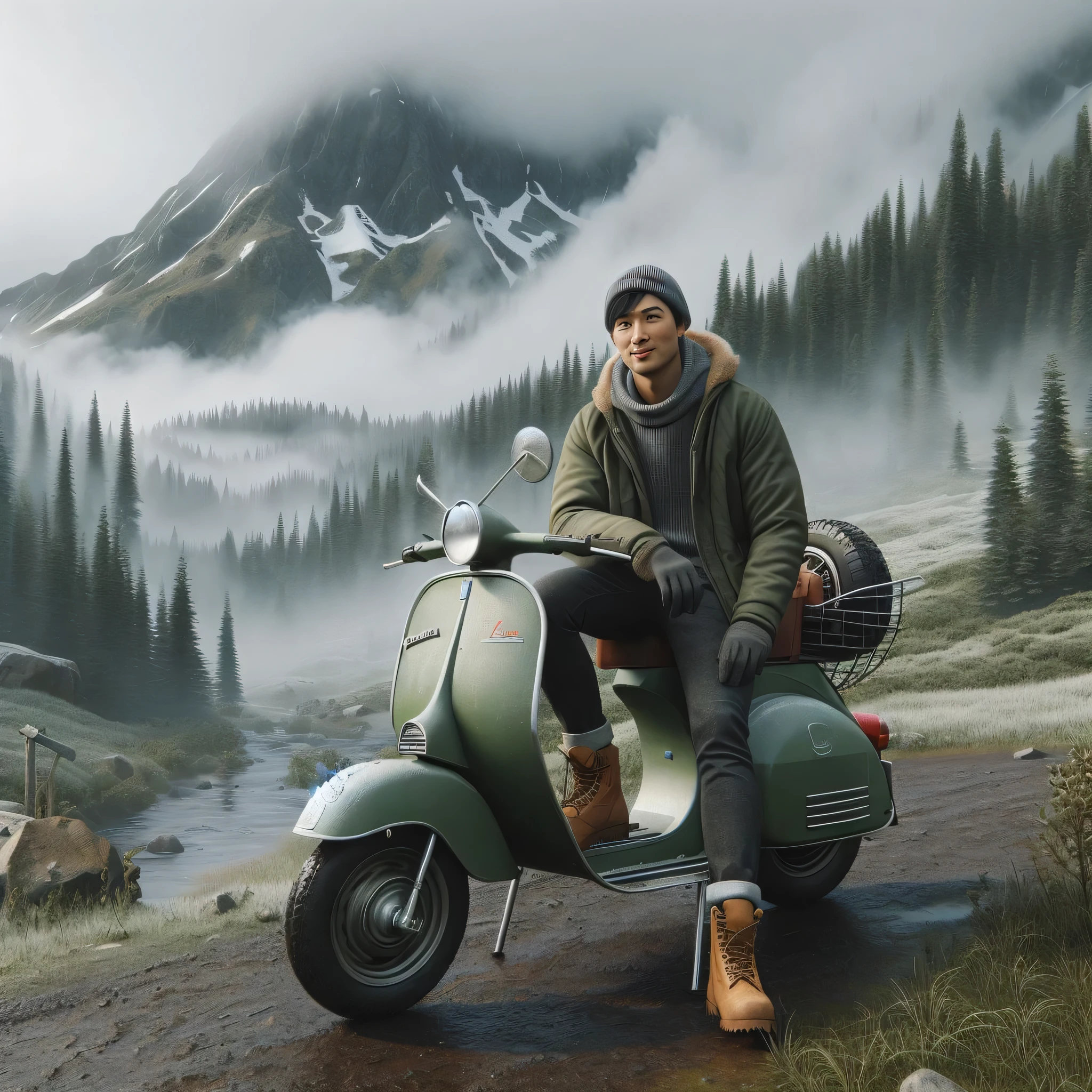 The hyper-realistic, cinematic, highly detailed scene features a young Asian man wearing a green parka jacket, black jeans, and mountain boots, relaxing on a classic Vespa scooter while enjoying the view at the mountain peak, enveloped by thick, cold, foggy clouds with trees and grass on the ground, pine trees in the background, a small stream nearby, and the Vespa slightly covered with frost. The Vespa is facing the camera, and the young man is smiling at the camera. The wide shot captures the atmosphere perfectly.