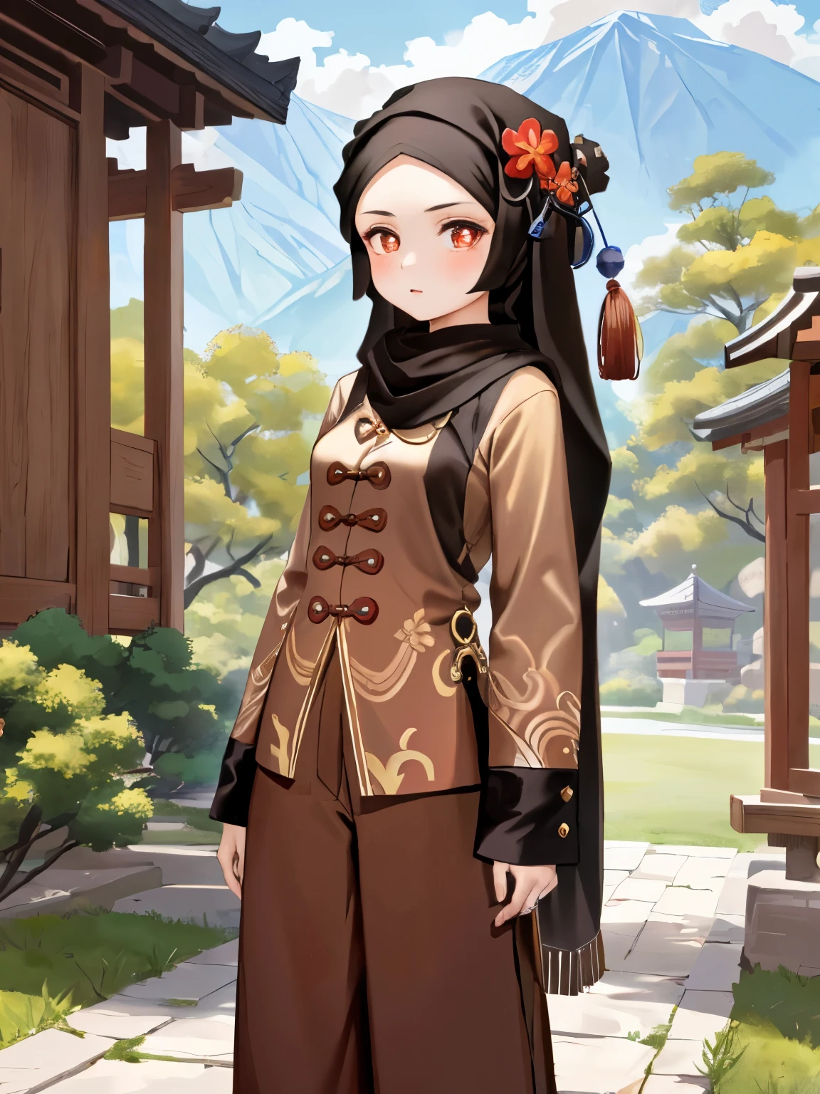 masterpiece, best quality, hd, a Malay girl wearing hijab, wear brown hijab, (hijab:1.2), 1girl, hu tao (genshin impact) ,hat, red eyes, solo, symbol-shaped pupils, wear brown trousers, (trousers:1.2), chinese clothes, standing, upper body, outdoor