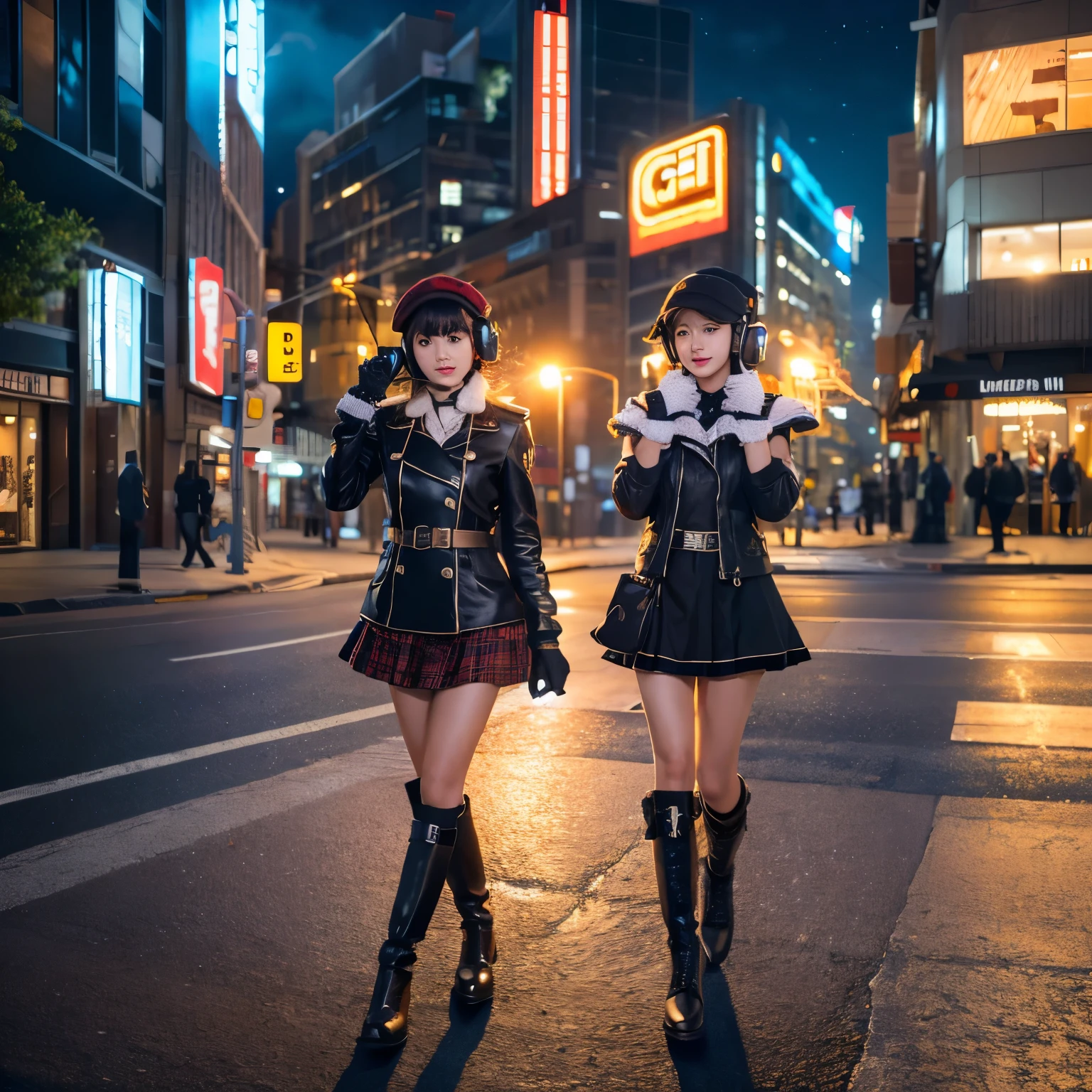 ((high quality)), ((masterpiece)), 8k, Two Girls, light, Highly detailed CG Unity 8k wallpaper, Game CG,  gloves, boots, whole body, clock,  Headphones,night,Scramble crossing