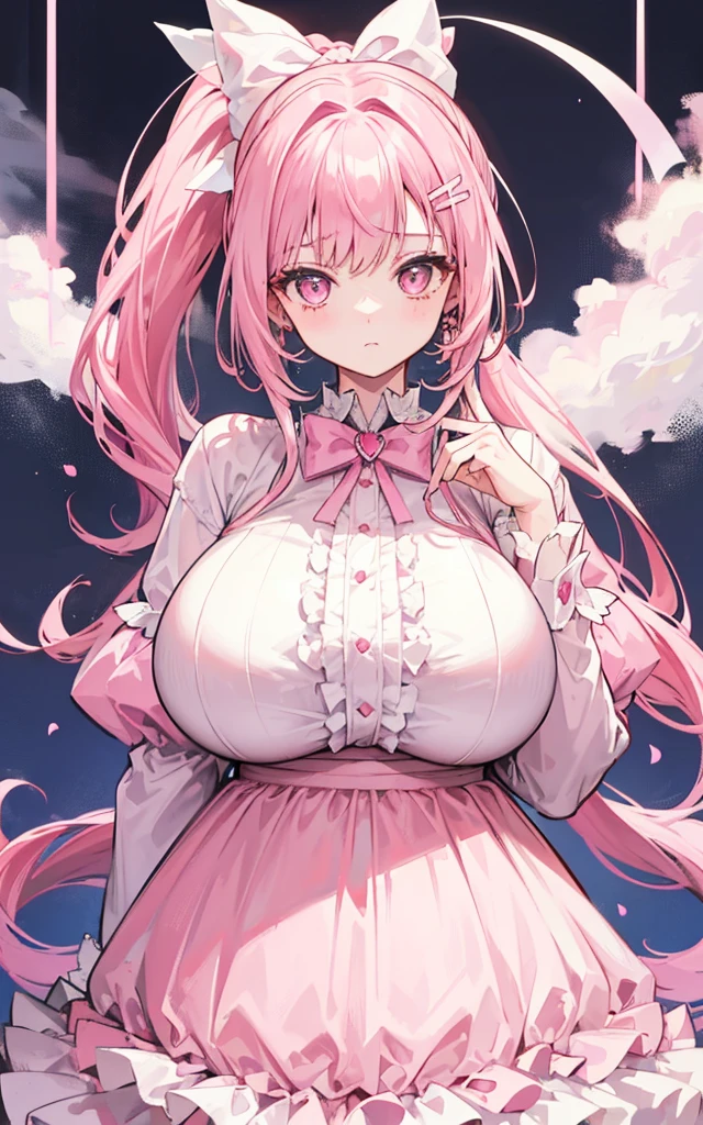 1 girl, Pink Hair, Long double ponytail, Pink shirt, Fluffy collar, White fluffy skirt, Use your hands to control your heart, White ribbon on hair, Lots of hair accessories, ta,(Pregnant,Huge breasts:1.8)
