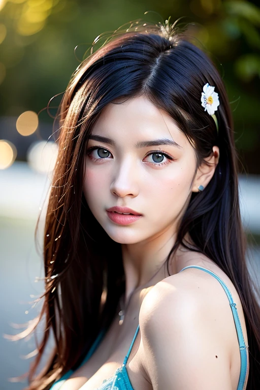 best quality,masterpiece,ultra high res,(photo realistic:1.4),1 girl,medium breasts,big blue eyes,silver hair,black ,cute,young,posing,very long hair,flower,headband,looking at viewers,rain, wet, professional lighting, physically-based rendering,