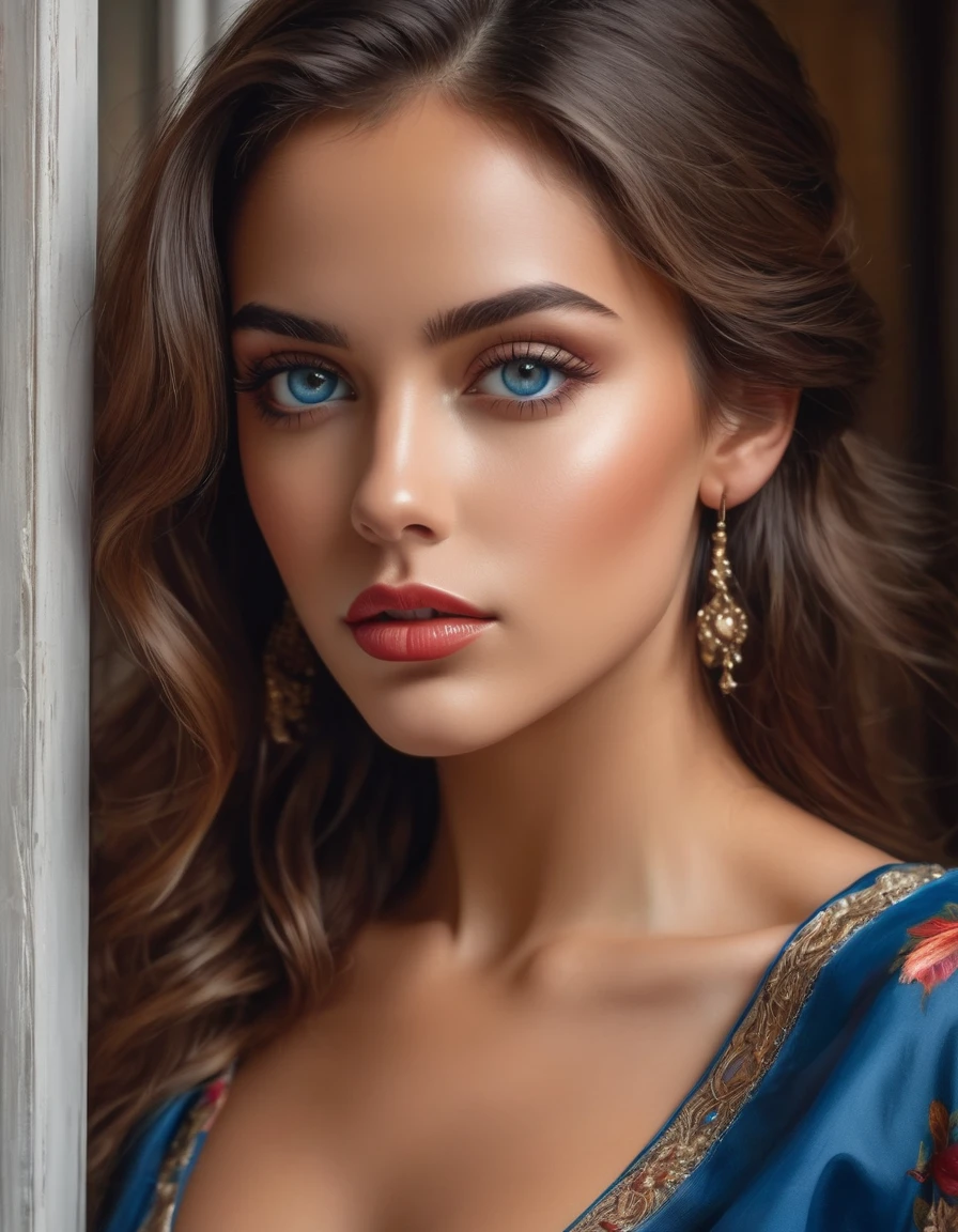 (Melhor qualidade, 4K, 8k, high resolution, obra de arte: 1.2), (super detalhado, realista, Fotorrealista:1.37)Uma jovem cativante, vestindo um conjunto impressionante de vermelho e azul, stands in front of a window with an air of toughness and determination. Her enchanting eyes are exquisitely detailed, capturando cada brilho e profundidade, while her lips boast a meticulous beauty that is both captivating and seductive. The level of detail extends to the entire face, every contour and feature meticulously rendered to perfection, creating a sense of hyperrealism that draws the viewer in. 

O traje da , reminiscent of the art of oil painting, it's a work of art in itself. The factory, habilmente trabalhado para se assemelhar a pinceladas vibrantes, adds a touch of dynamism to your overall look. It is a true reflection of the artist&#39;s talent, mostrando uma maestria