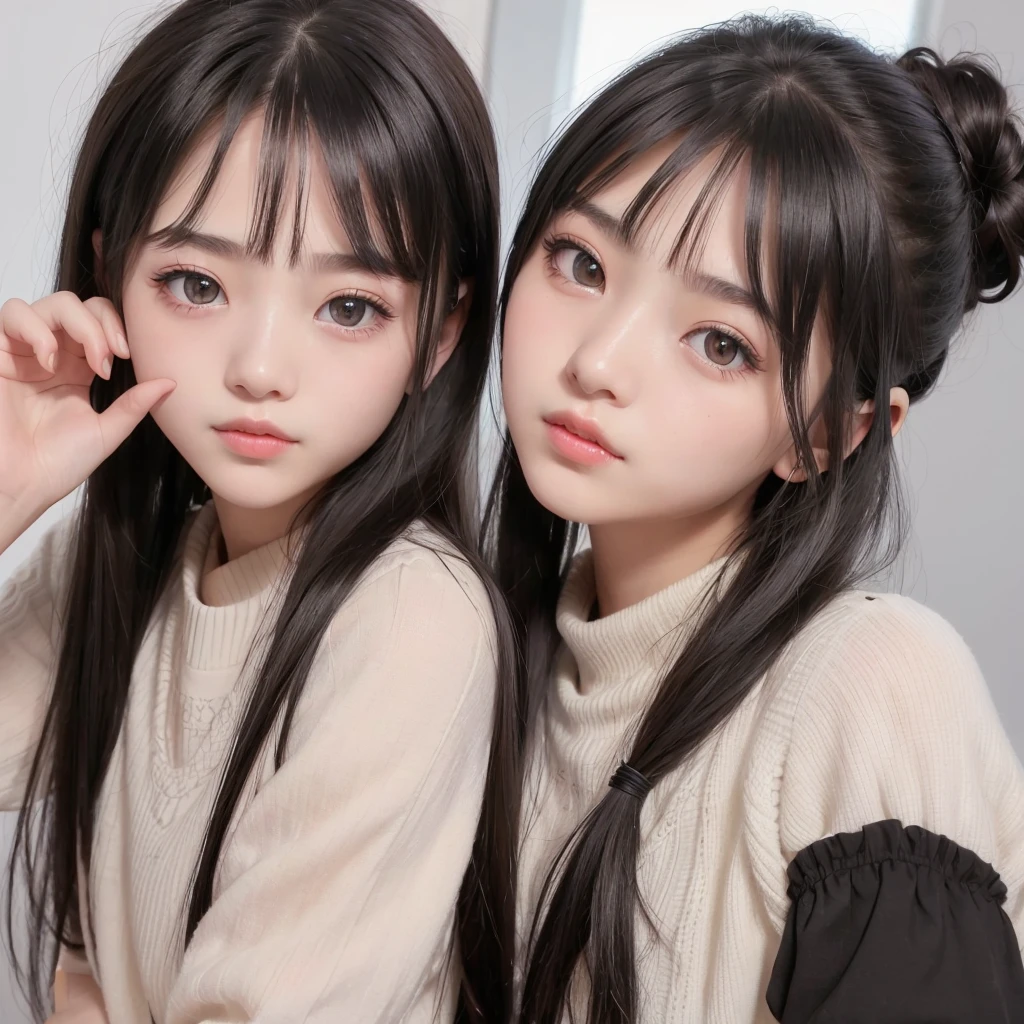 ((2 girls are looking towards for front)),Light smile、natta、Raw photography、(((Portrait of extreme beauty)))、((glistning skin))、 beautiful girl in Prague、bright expression、((beautiful black hair))、[Big black eyes that shine like jewels]、Glossy glossy skin、Silky Super Long Straight Hair、eye liner、Beautiful bangs、Hair between the eyes、((​masterpiece、top-quality、ultra-detailliert、intricate-detail、hight resolution、ighly detailed))、Detailed background、8KUHD、Digital SLR、hightquality、FujifilmXT3 、Shallow depth of field,looking at viewer, (bust shot:1.0), heart-shaped pupils, (((thin eyebrows))), (nose blush), (embarrassed:1.2), (no makeup), ((((dreamy eyes)))),((face to face:1.0)), 