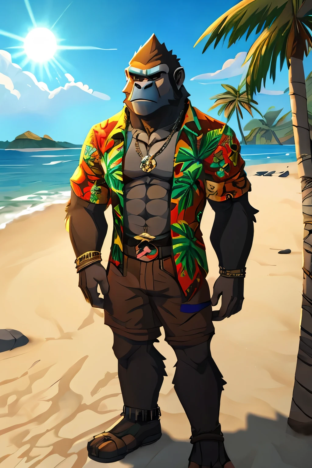 A brown gorilla, a charismatic character hailing from the Grand Theft Auto game universe, towers on the beach in his full height. Clad in a vibrant Hawaiian shirt, this muscular primate embodies the carefree spirit of tropical islands. His texture and details are expertly rendered in the distinctive GTA art style. The sun casts long, dramatic shadows on the beach, highlighting every intricate detail on the gorilla's fur and powerfully built form. The crisp, high-resolution image leaves no doubt that this masterpiece is a must-see for fans of the GTA series and amazing digital art. (By CoastalGroves, by GTArend