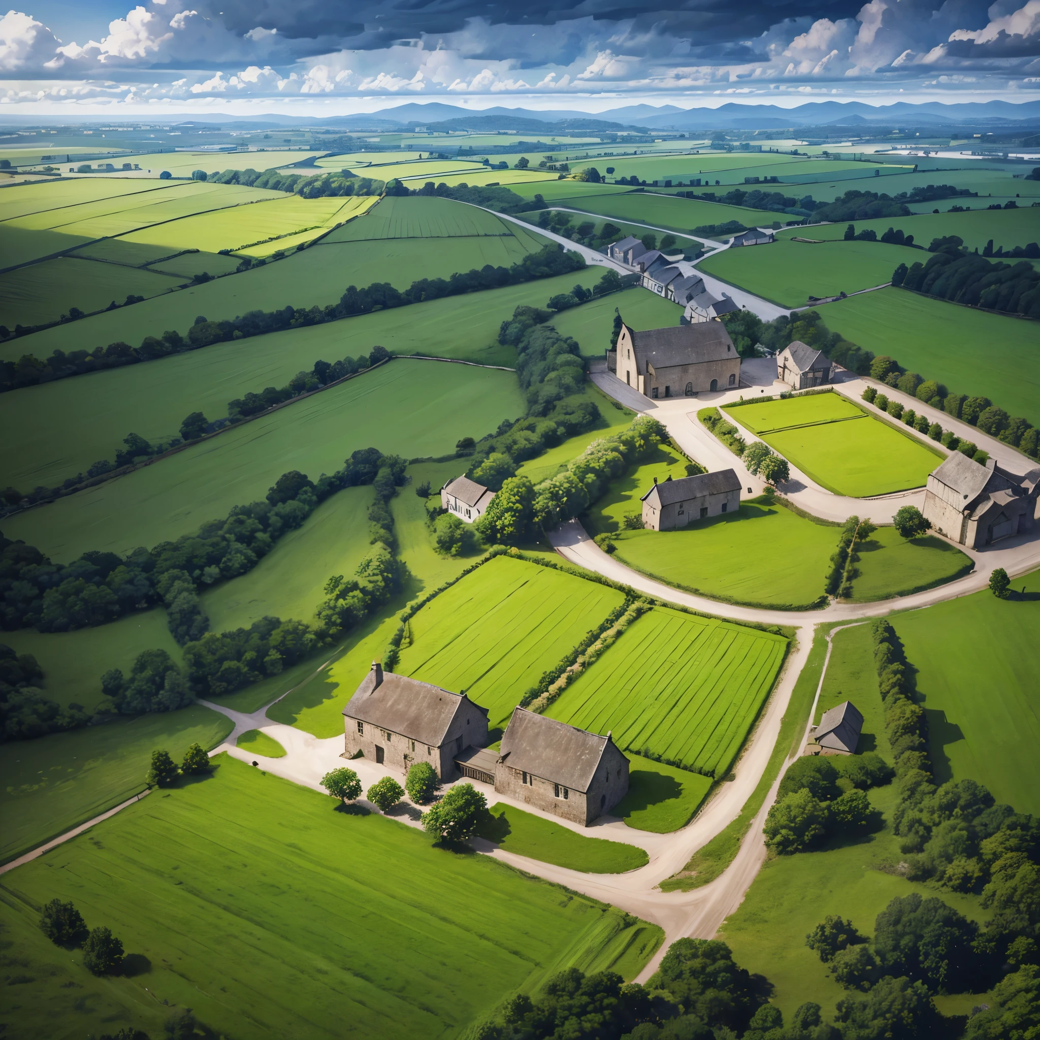 Medieval agricultural field, with dirt road, plantation fields, medieval stone houses, fenced, medieval viewpoint, trees, wide view of the site, without any characters in the scene, night site, with dark white clouds, blue tone, lighting in the house location,, HDR, ultra resolution, sharp, masterpiece, 8K HD