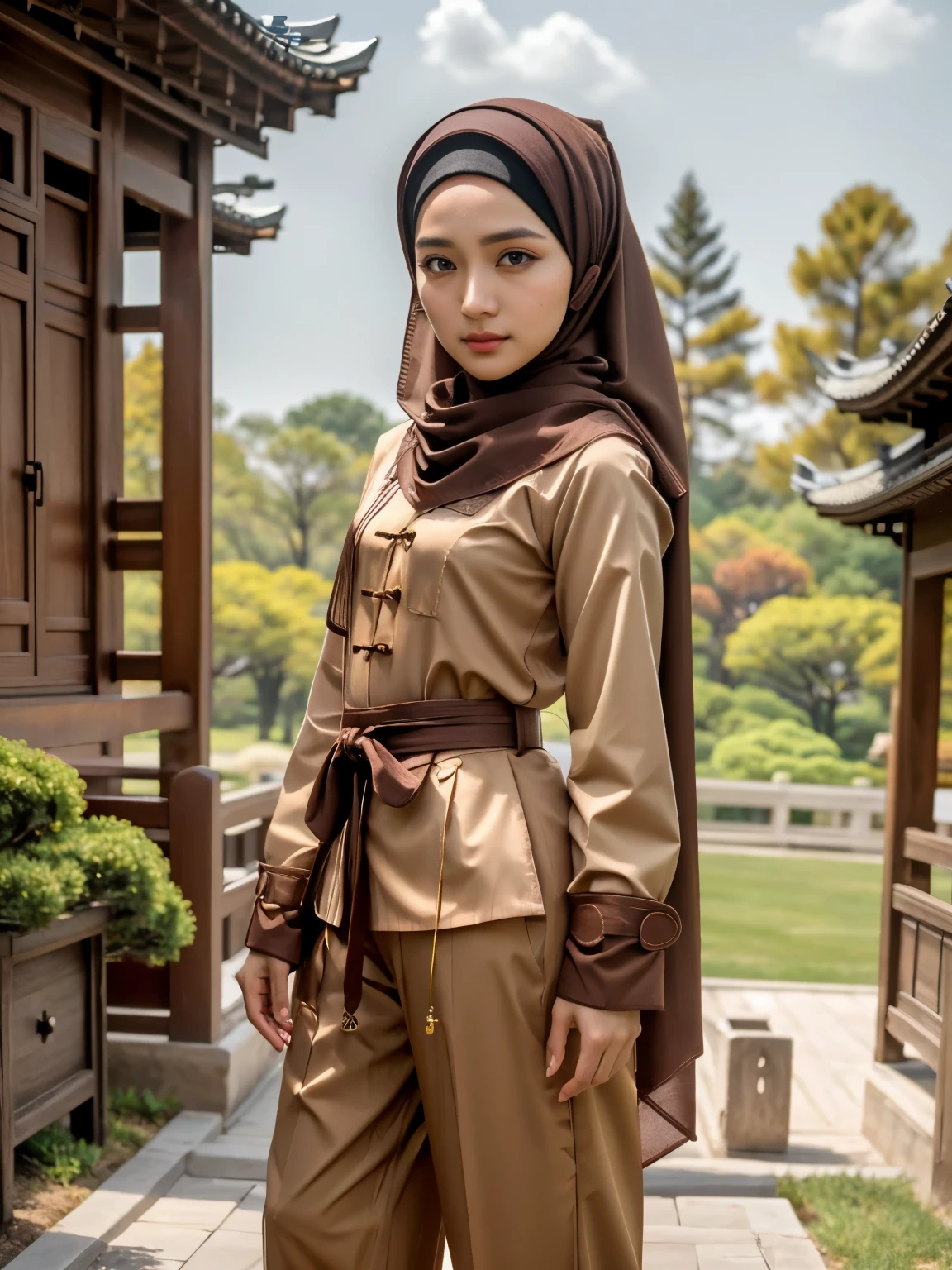 masterpiece, best quality, hd, realistic, cosplayer, a Malay girl wearing hijab, wear brown hijab, (hijab:1.2), 1girl, hu tao (genshin impact) ,hat, red eyes, solo, symbol-shaped pupils, wear brown trousers, chinese clothes, standing, upper body, outdoor 