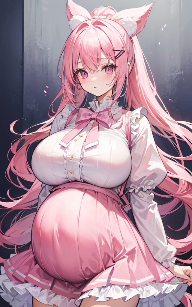 1  girl, Pink Hair, Long double ponytail, Pink shirt, Fluffy collar, White fluffy skirt, White ribbon on hair, Lots of hair accessories, Lolita，(Pregnant，Huge breasts：1.8)