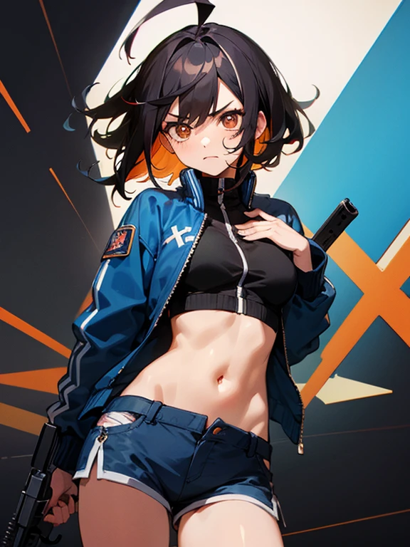 Masterpiece, best quality, expressive eyes, perfect face, 1girl, breasts, black hair, ahoge, streaked hair, brown eyes, x-shaped pupils, frown, blue jacket, midriff, shorts, gun