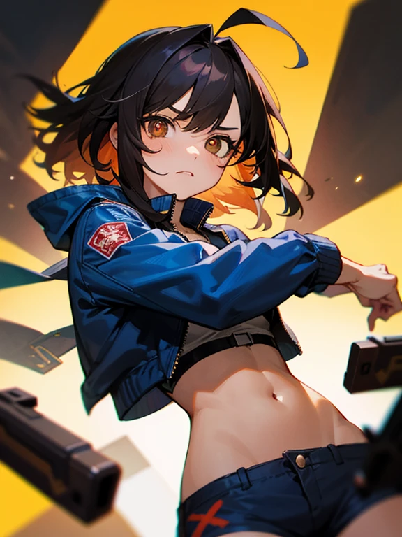 Masterpiece, best quality, expressive eyes, perfect face, 1girl, breasts, black hair, ahoge, streaked hair, brown eyes, x-shaped pupils, frown, blue jacket, midriff, shorts, gun
