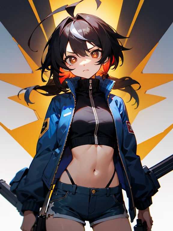 (masterpiece),(best quality),(ultra-detailed),illustration,disheveled hair,Dynamic angle,solo,1girl,game character portrait,(colorful:1.2),beautiful detailed eyes,portrait,(black hair),([magenta eyes | orange eyes]:1.15),messy hair ,(crop top),standing,Upturned bangs,expressionless,looking at viewer,bare shoulders,(short shorts),(chiaroscuro lighting:1.2),hair ornament,profile,(flat color:1.3),(abdominal muscle),black thighhighs,sneakers,(fingerless gloves:1.25)