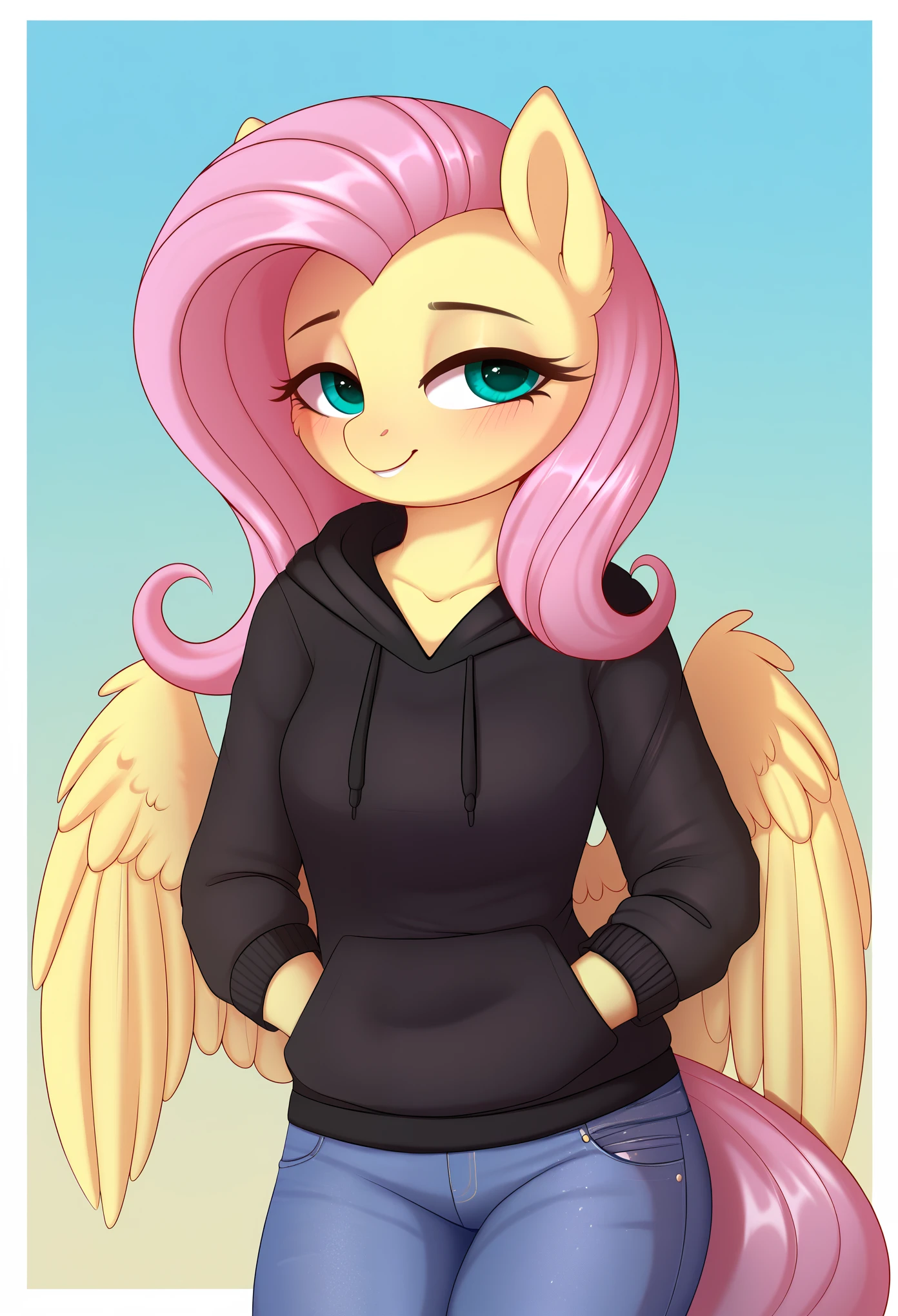 score_9, score_8_up, score_7_up BREAK fluttershy, pegasus, anthro, g4, blushing, border, fluttershy, clothes, denim, female, gradient background, hand in pocket, hoodie, jeans, lidded eyes, mare, pants, smiling, solo, nording