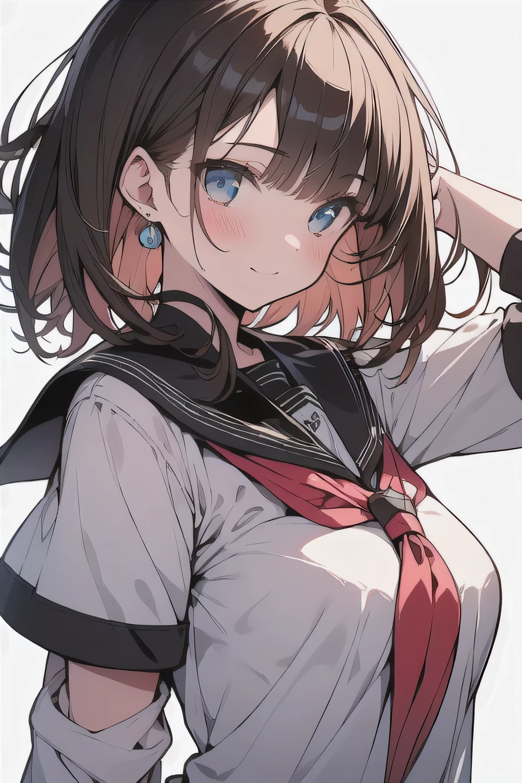 (best quality), (Super detailed), (Best Illustration), (masterpiece), (woman), hand in own hair, {(white serafuku:1.2)}, (large breasts:1.2), {brown hair, (sideburns), (bob cut:1.3), curly hair, hairs between eyes, colored inner hair}, {(detailed eyes), blue eyes}, seductive smile, blush, earring, wind, white background